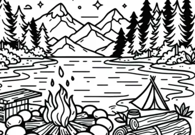 Lagerfeuer am See – Ausmalbild kostenlos herunterladen