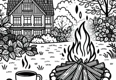 Lagerfeuer im Garten mit Kastanien und heißem Tee – Ausmalbild Herbst kostenlos