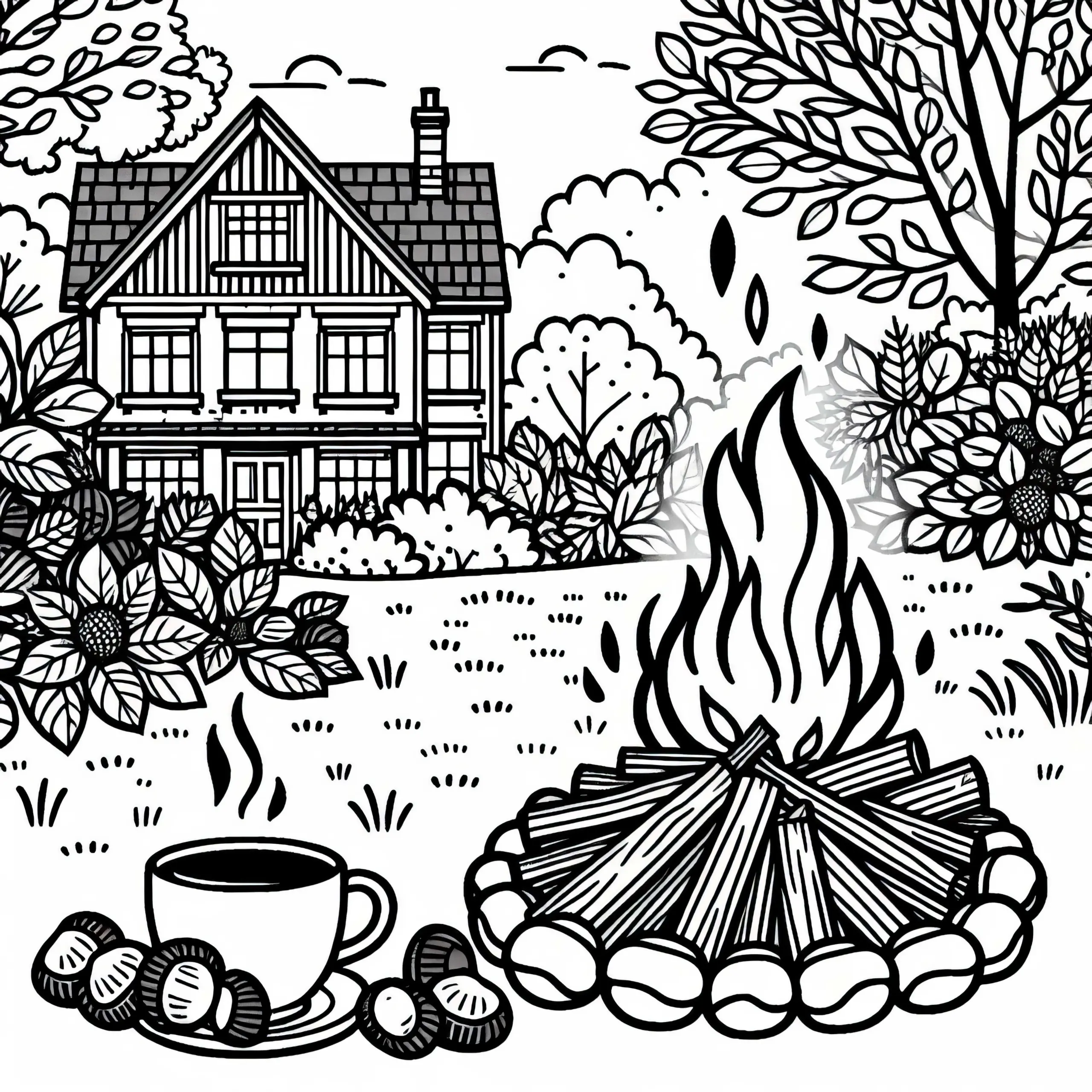 Lagerfeuer im Garten mit Kastanien und heißem Tee – Ausmalbild Herbst kostenlos
