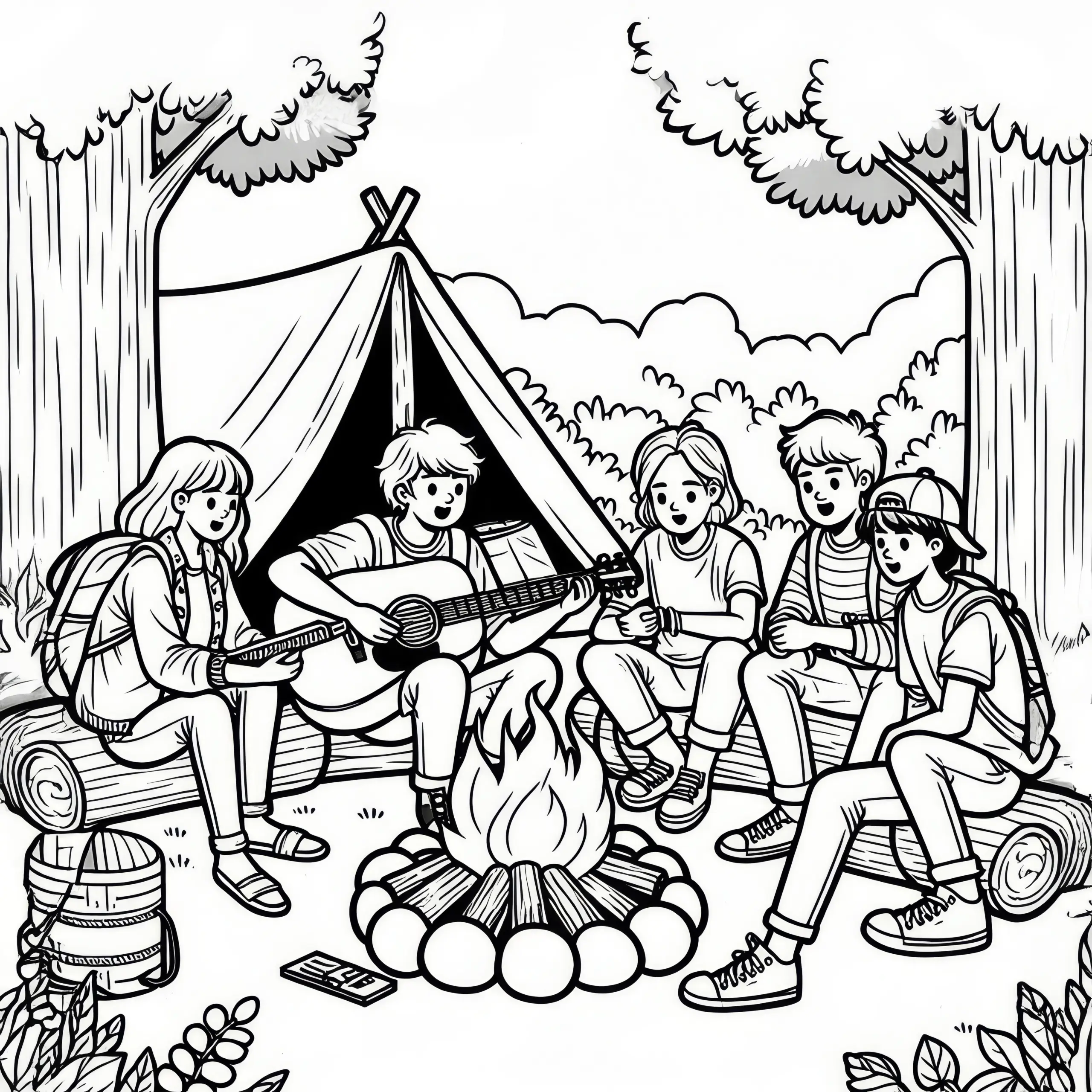 Lagerfeuer mit Jugendlichen und einer Gitarre im August: Malvorlage zum gratis Herunterladen (Ausmalbild)