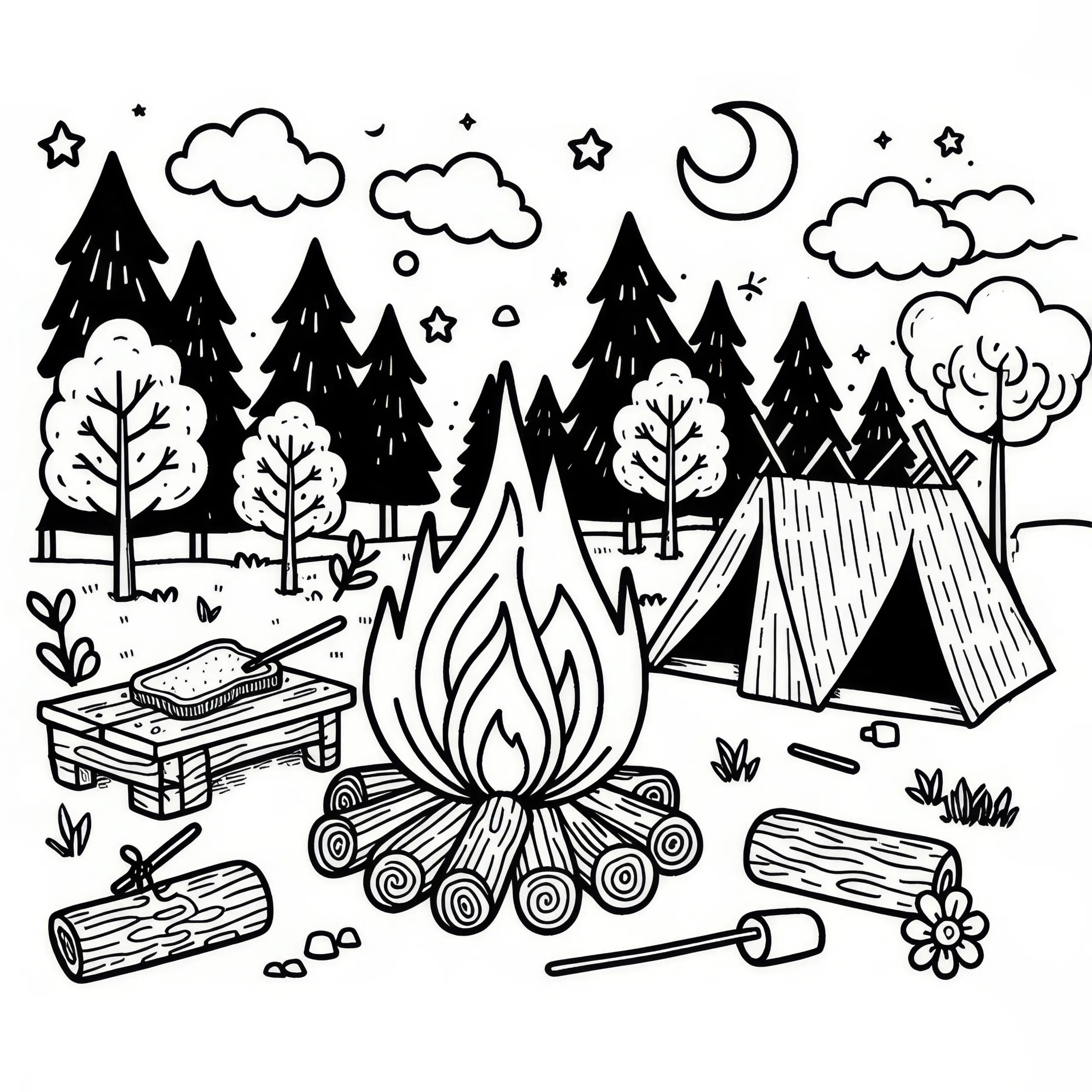 Lagerfeuer mit Stockbrot und Marshmallows im Juli: Ausmalbild zum Herunterladen (Kostenlos)