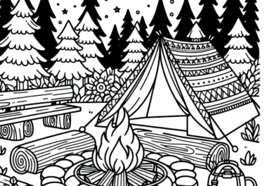 Lagerfeuerstelle mit Zeltplatz – Ausmalbild Nordamerika kostenlos