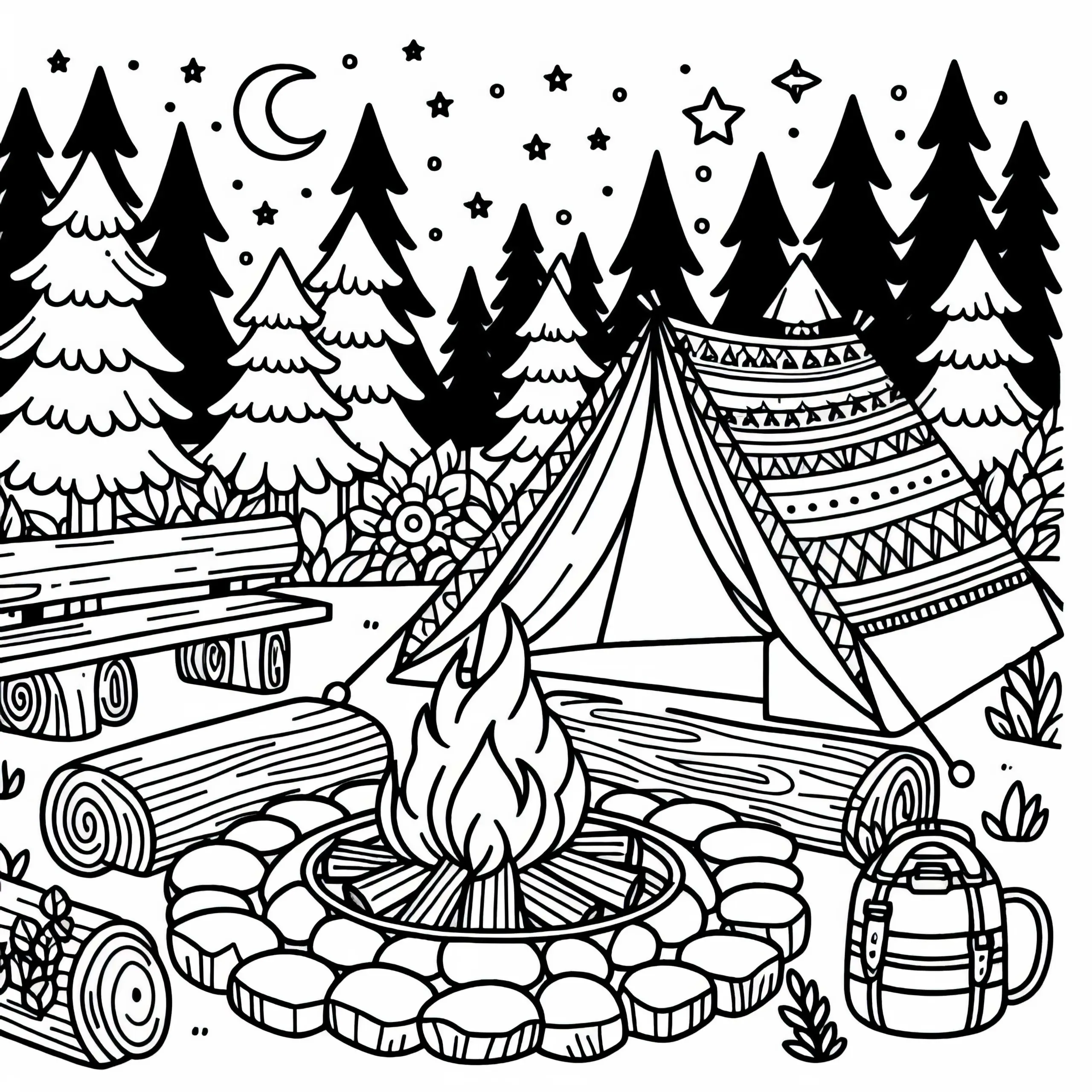 Lagerfeuerstelle mit Zeltplatz – Ausmalbild Nordamerika kostenlos