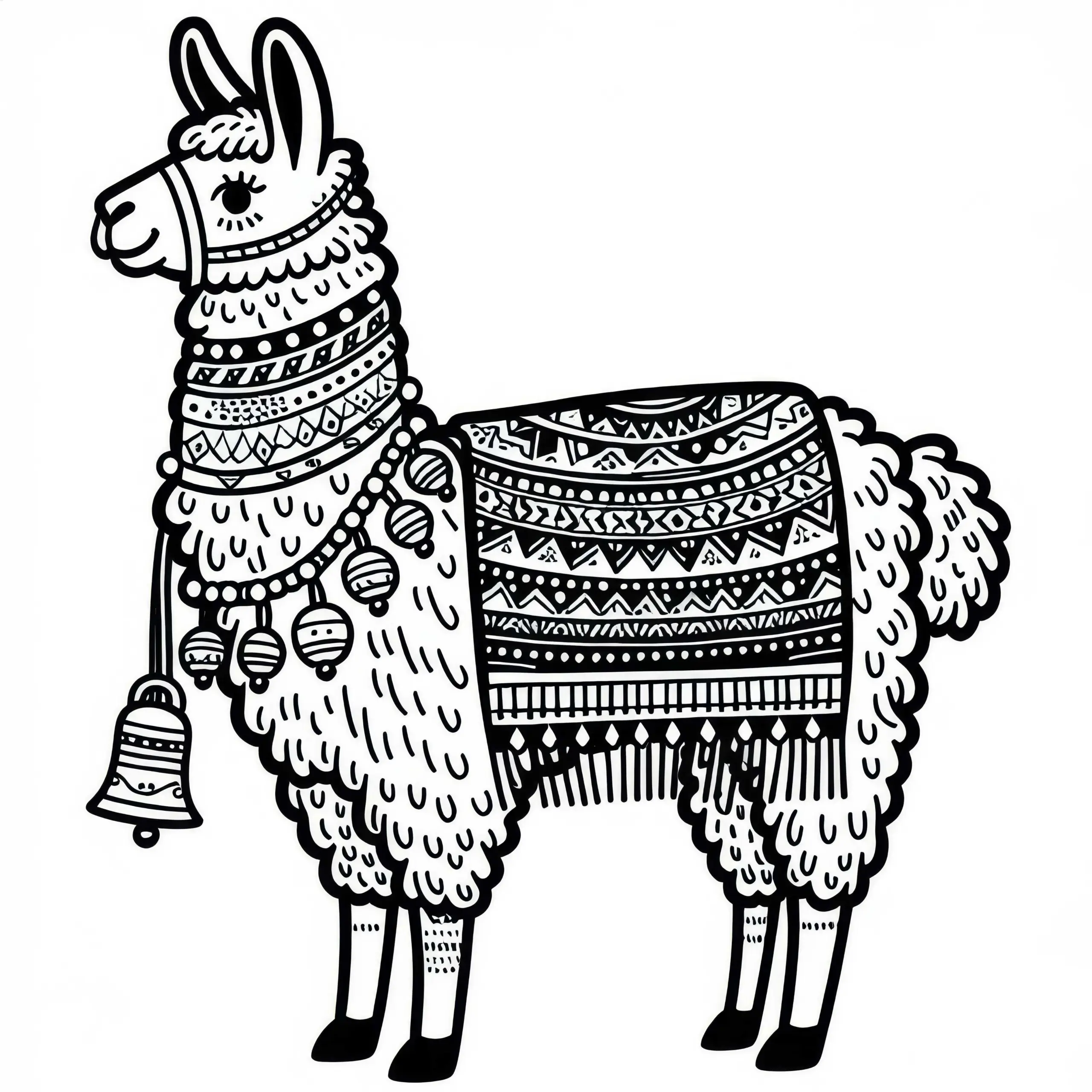 Lama mit Decke und Glocken am Hals: Einfaches Ausmalbild (Kostenlos)