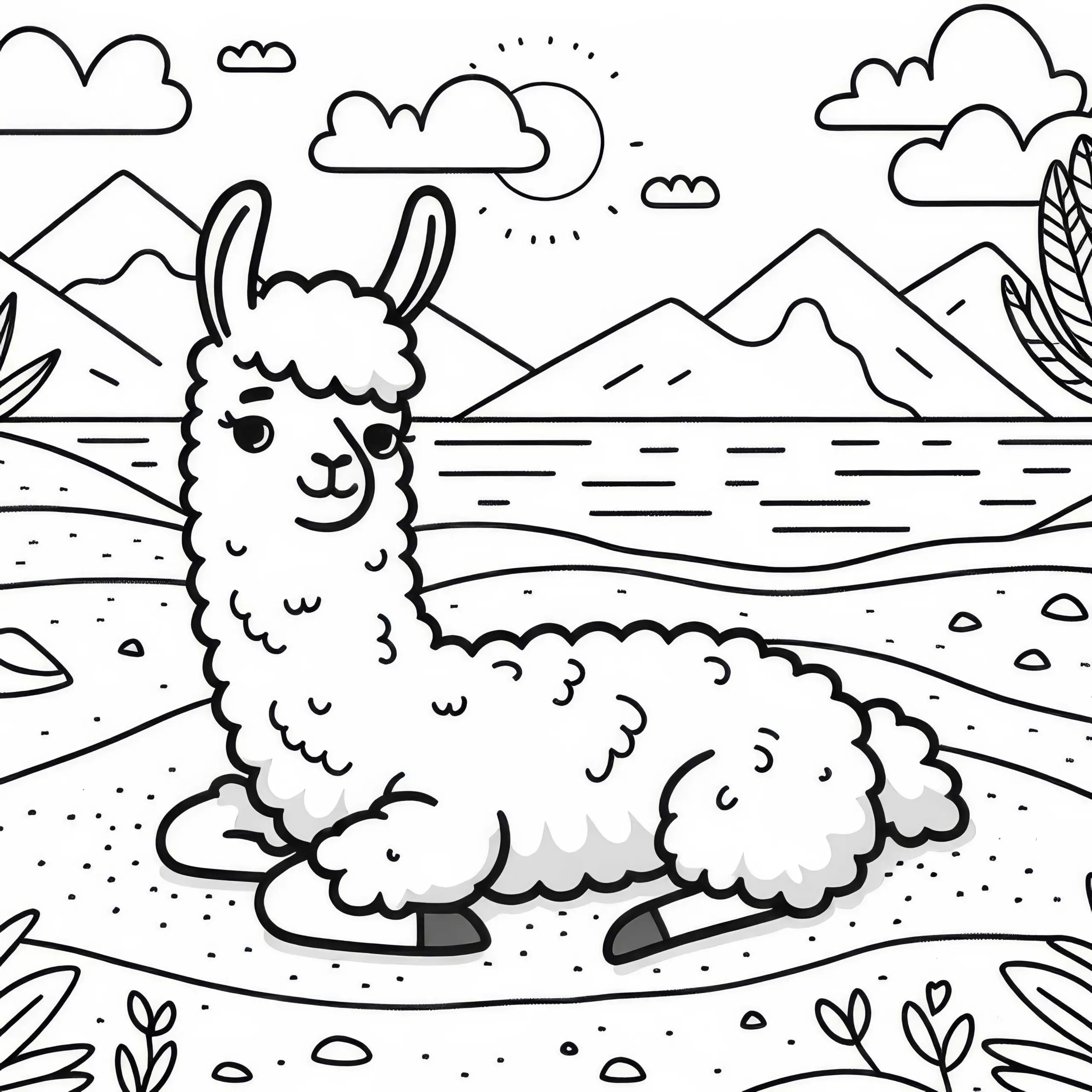 Lama entspannt sich im Sand: Einfache Malvorlage (Gratis) (Ausmalbild)