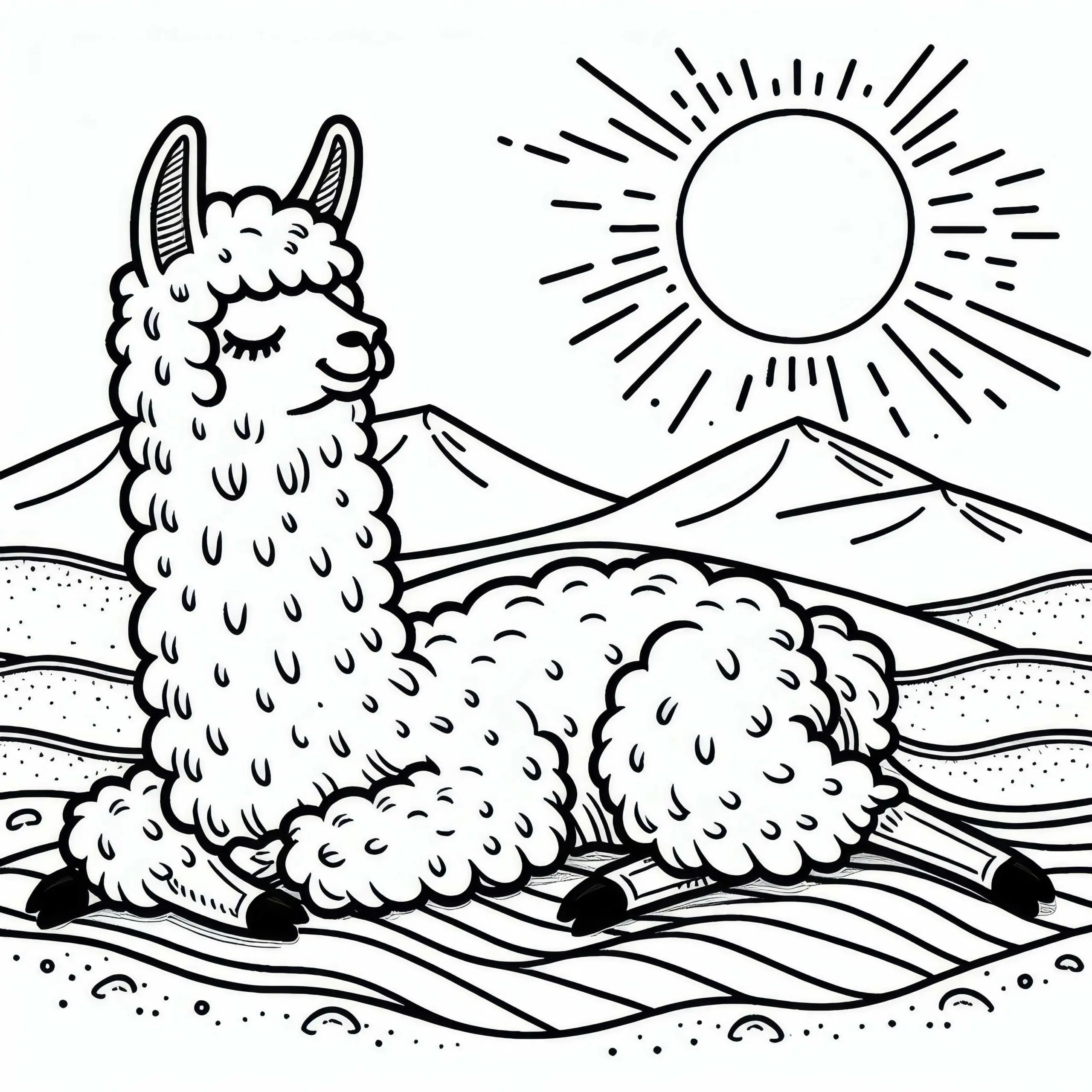 Lama liegt im Sand: Kostenlose Malvorlage (Ausmalbild)