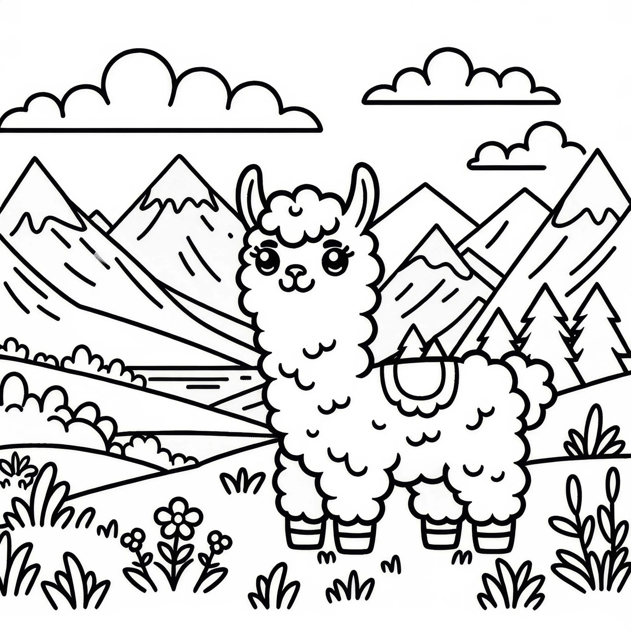 Lama mit lustigem Blick steht auf Bergwiese: Einfache Malvorlage (Gratis) (Ausmalbild)