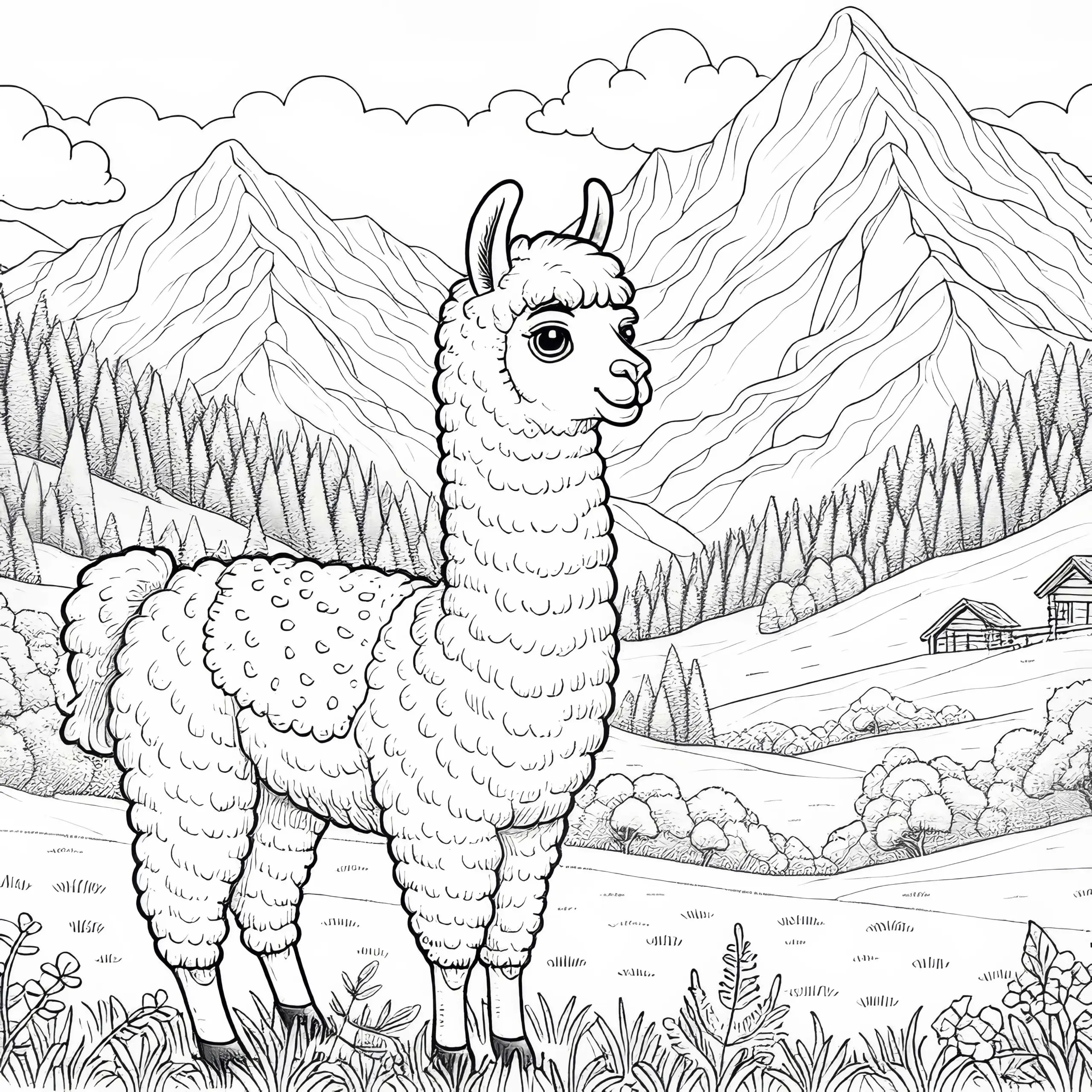 Lama mit lustigem Blick auf Bergwiese: Malvorlage zum Download (Gratis) (Ausmalbild)