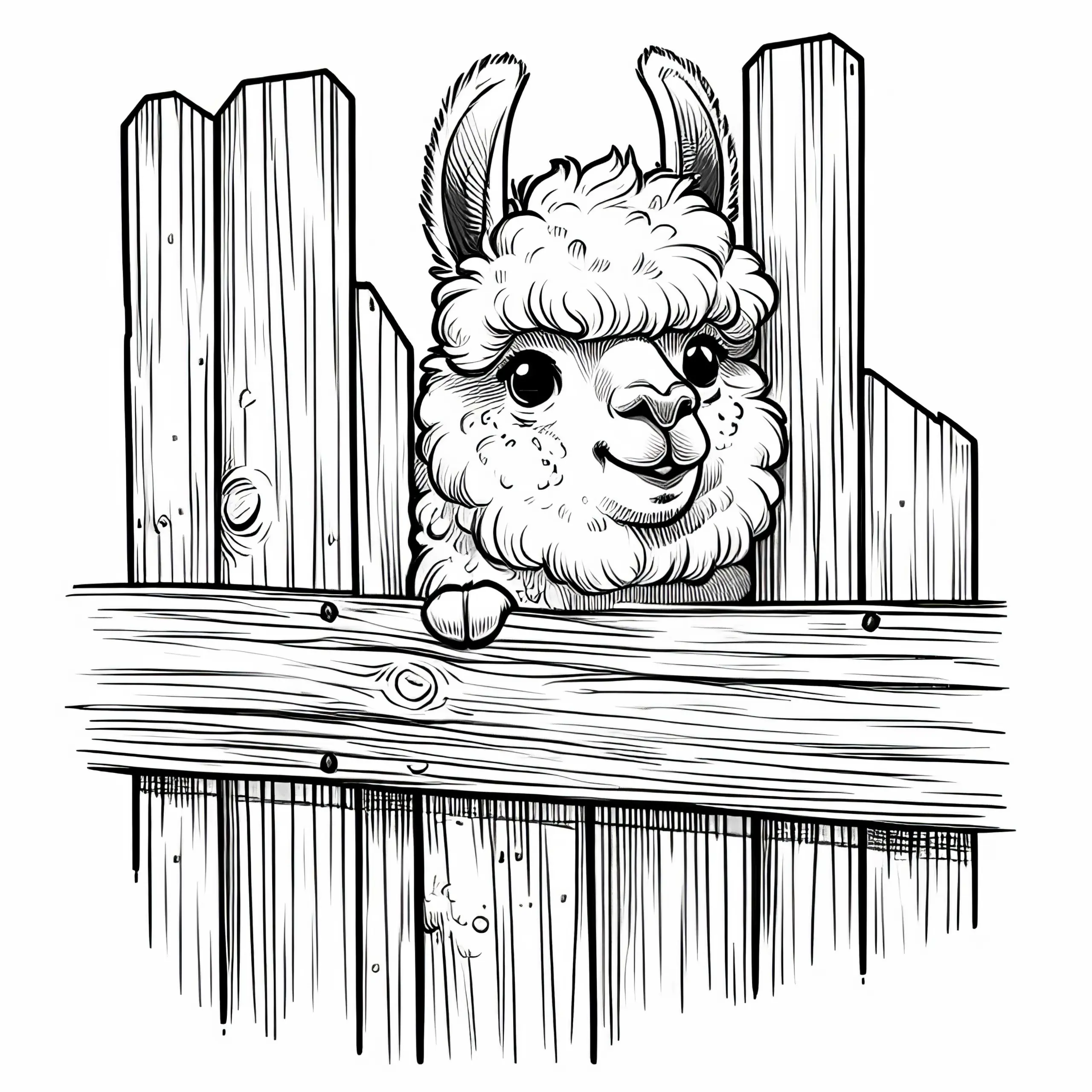 Lama schaut frech aus Holzzaun hervor: Ausmalbild zum Herunterladen (Kostenlos)