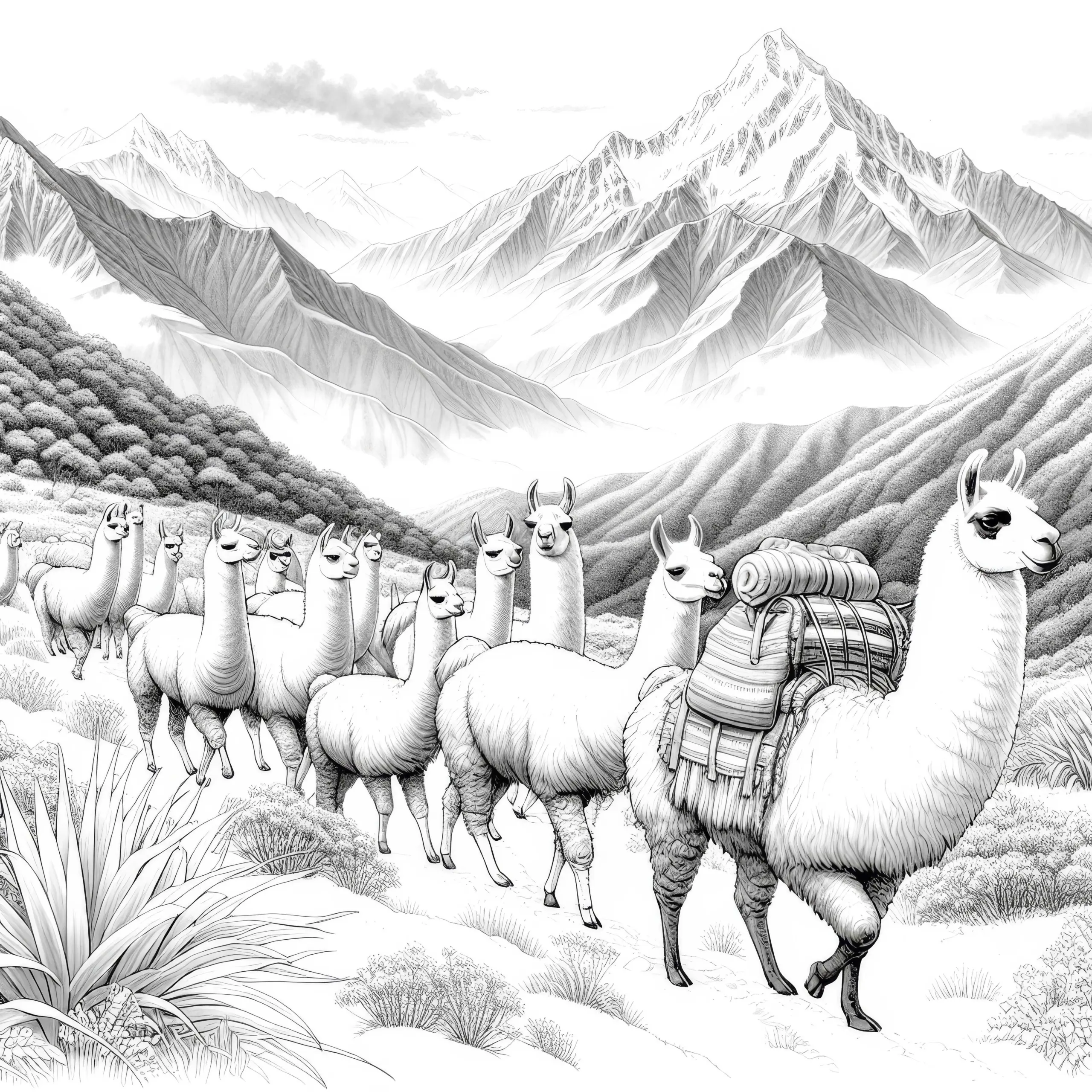Lamas wandern durch die Anden: Ausmalbild zum Herunterladen (Gratis)