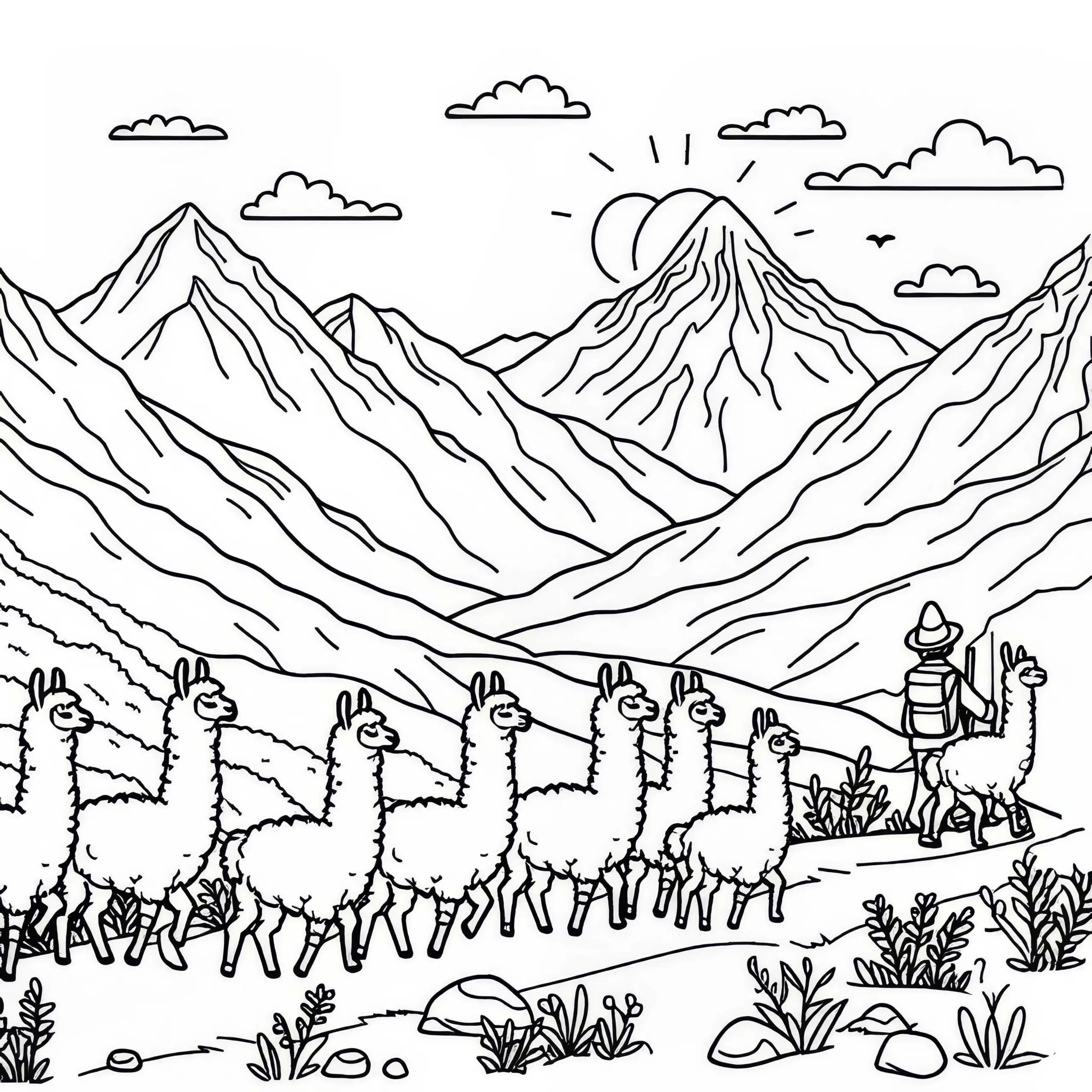 Lamas wandern durch die Anden: Einfaches Ausmalbild (Kostenlos)