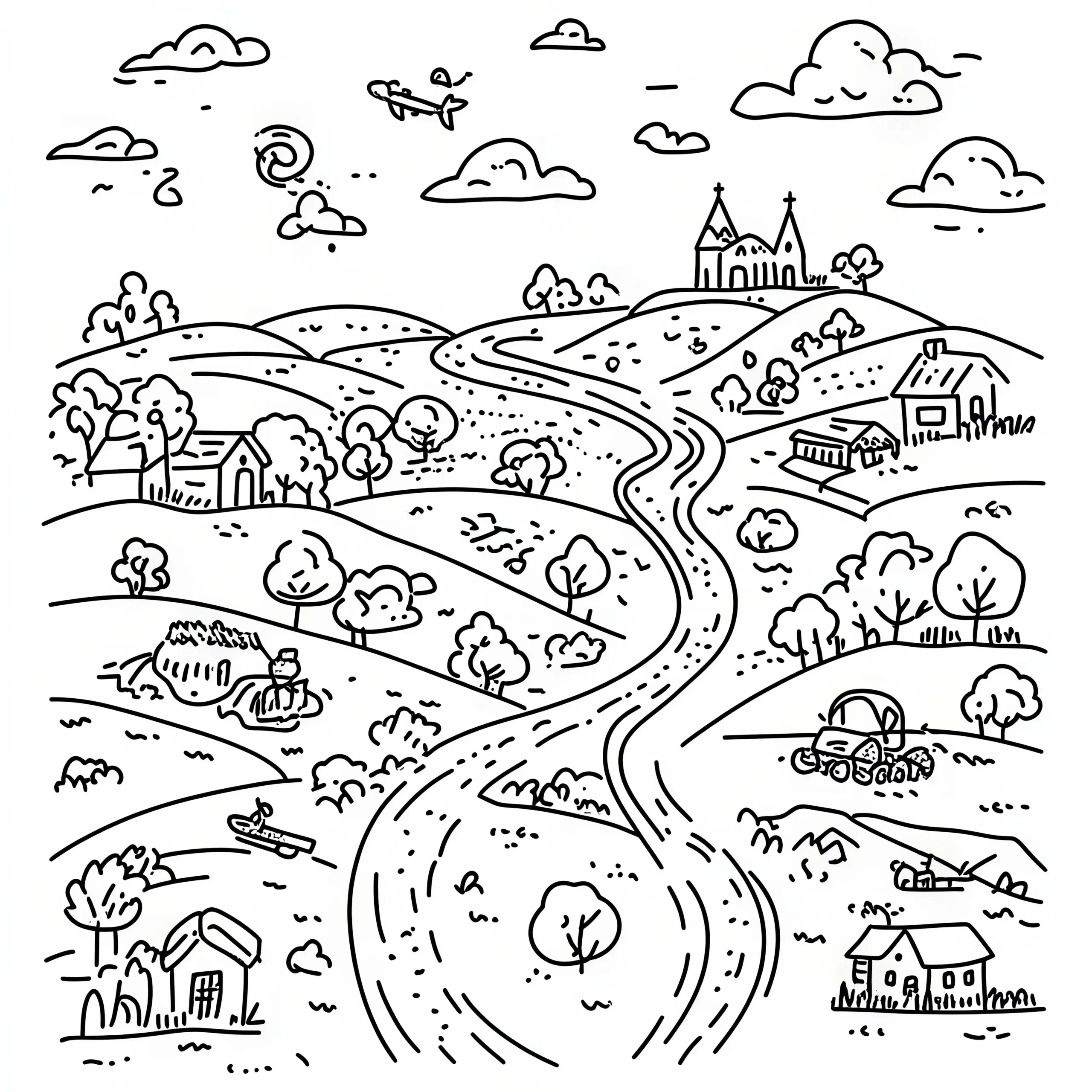 Landschaft, Straße und Häuser: Wimmelbild zum Herunterladen (Kostenlos) (Ausmalbild)