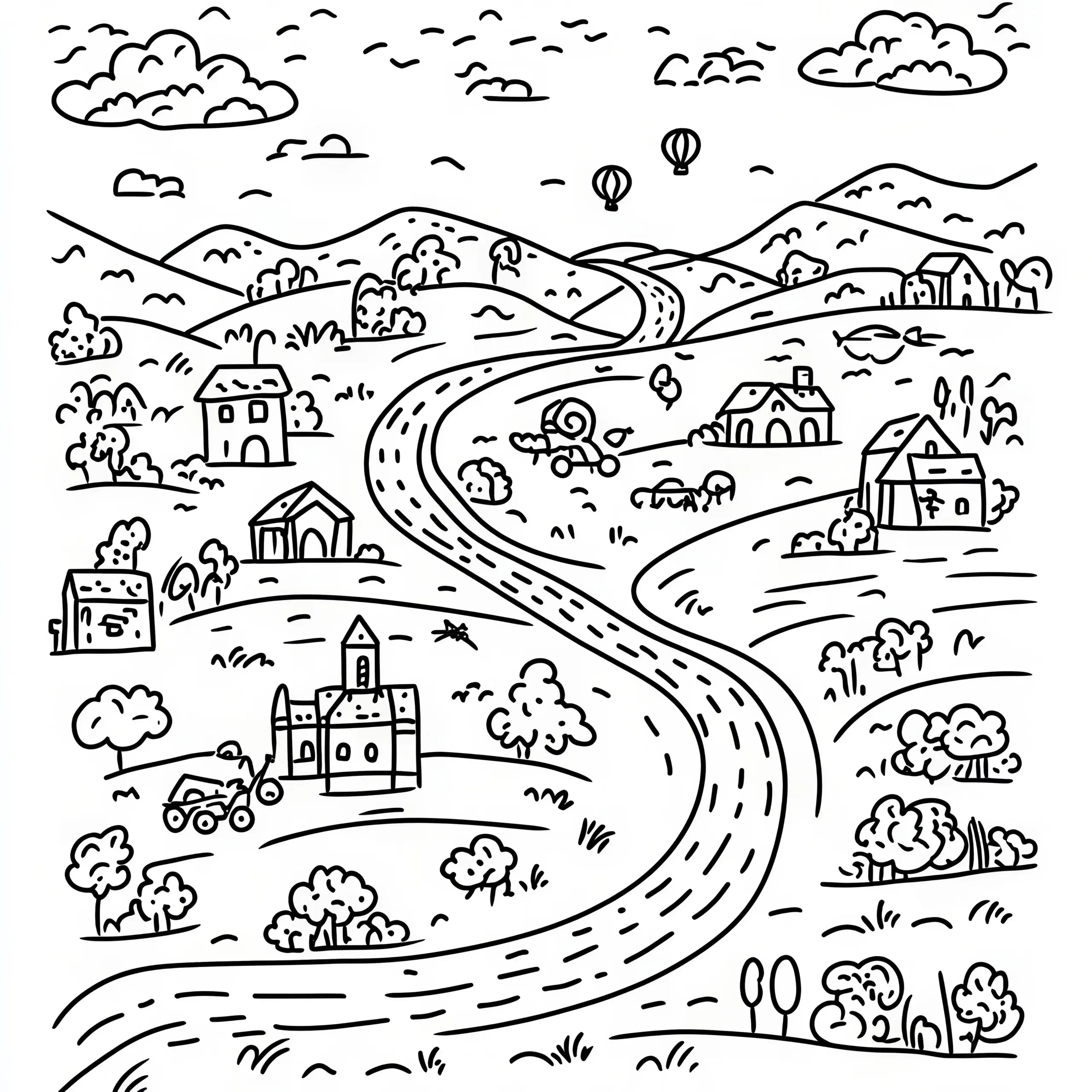 Landschaft mit vielen Häusern: Wimmelbild zum Download (Kostenlos) (Ausmalbild)