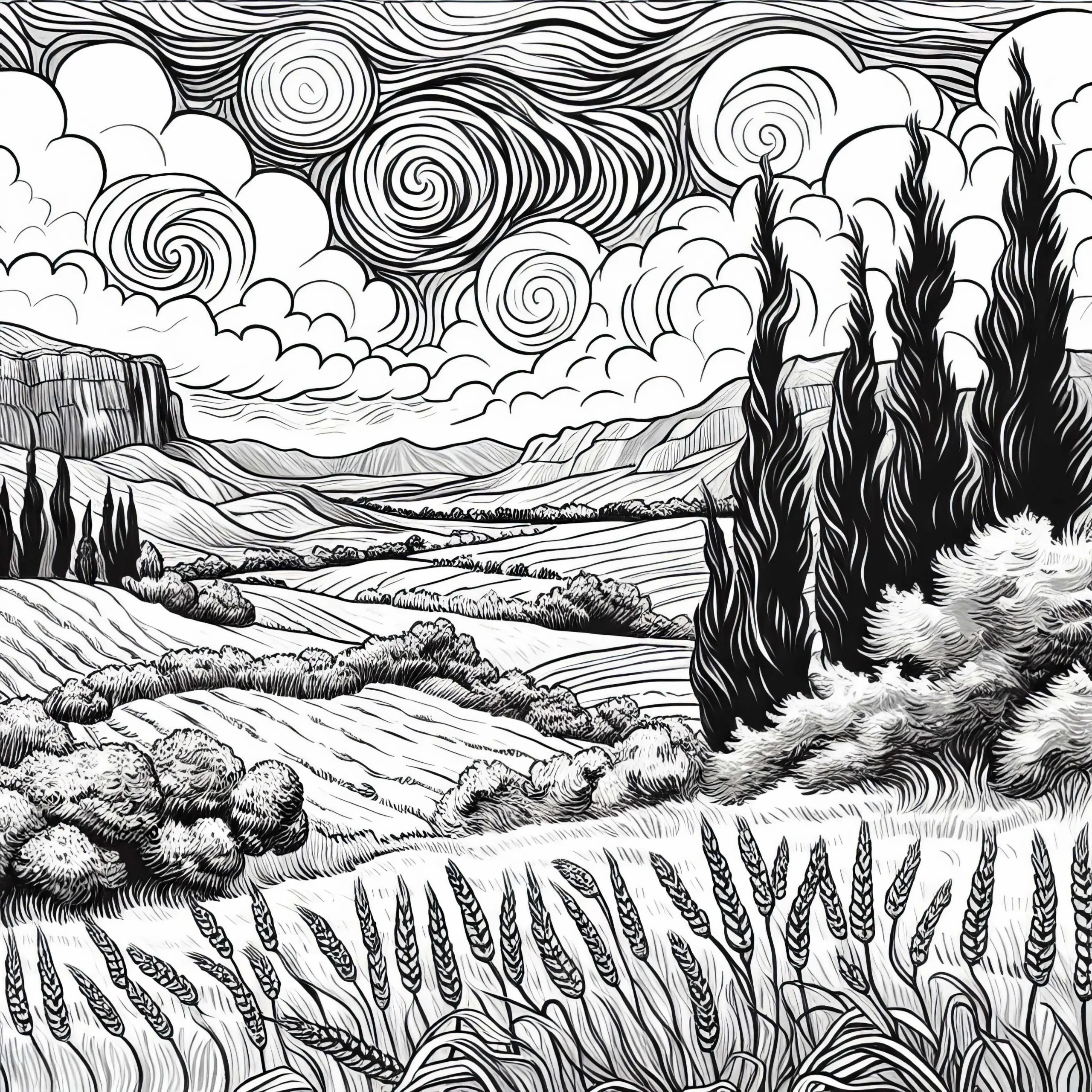 Landschaft mit Zypressen und welligen Feldern: Ausmalbild im Stil von Vincent van Gogh (Kostenlos)