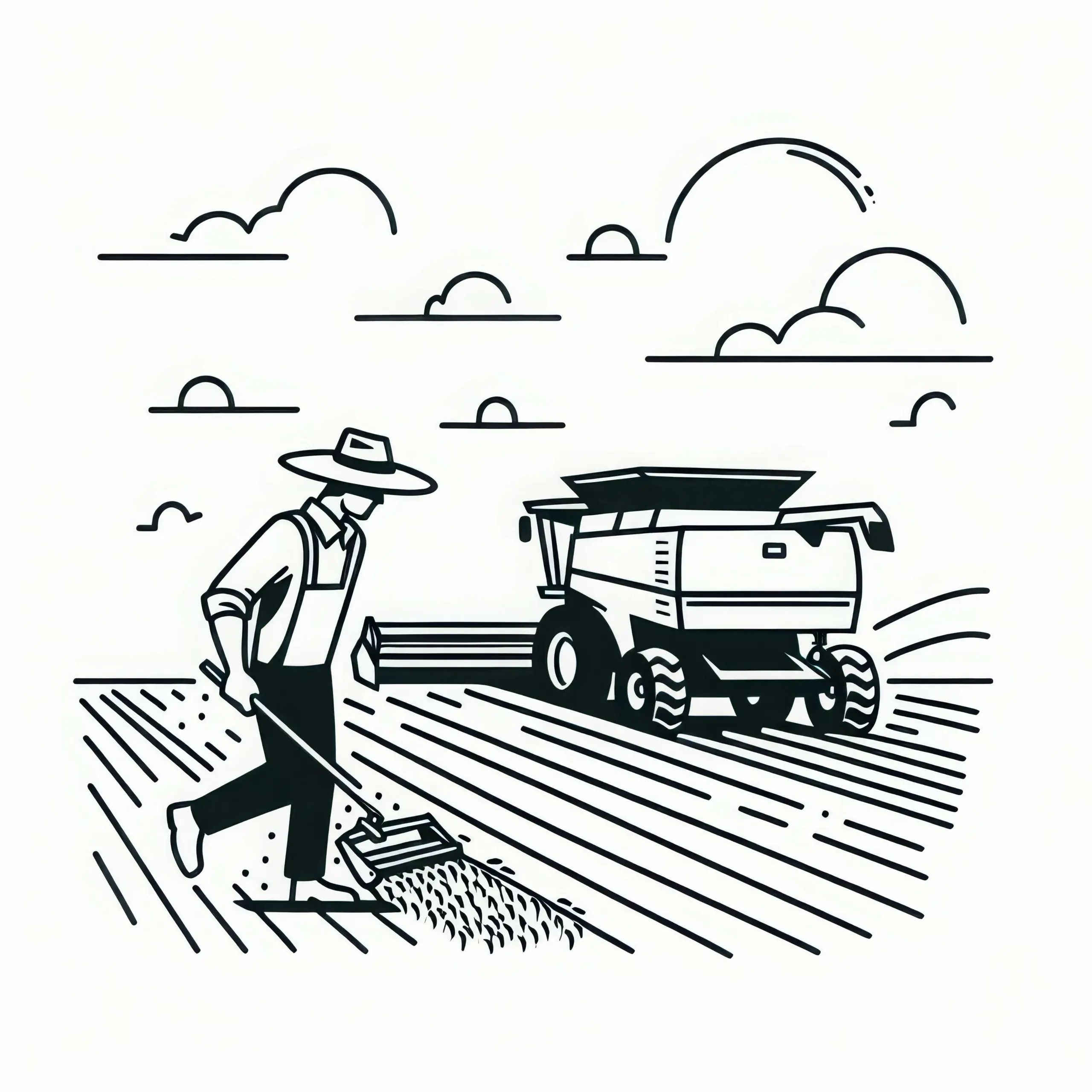 Ausmalbild mit Landwirt und Mähdrescher kostenlos zum Download