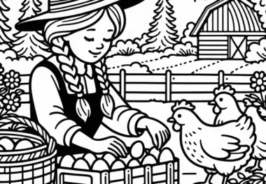 Landwirtin sammelt Eier von Hühnern – Malvorlage kostenlos
