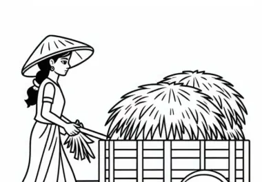 Landwirtin transportiert Heu mit Anhänger – Malvorlage gratis