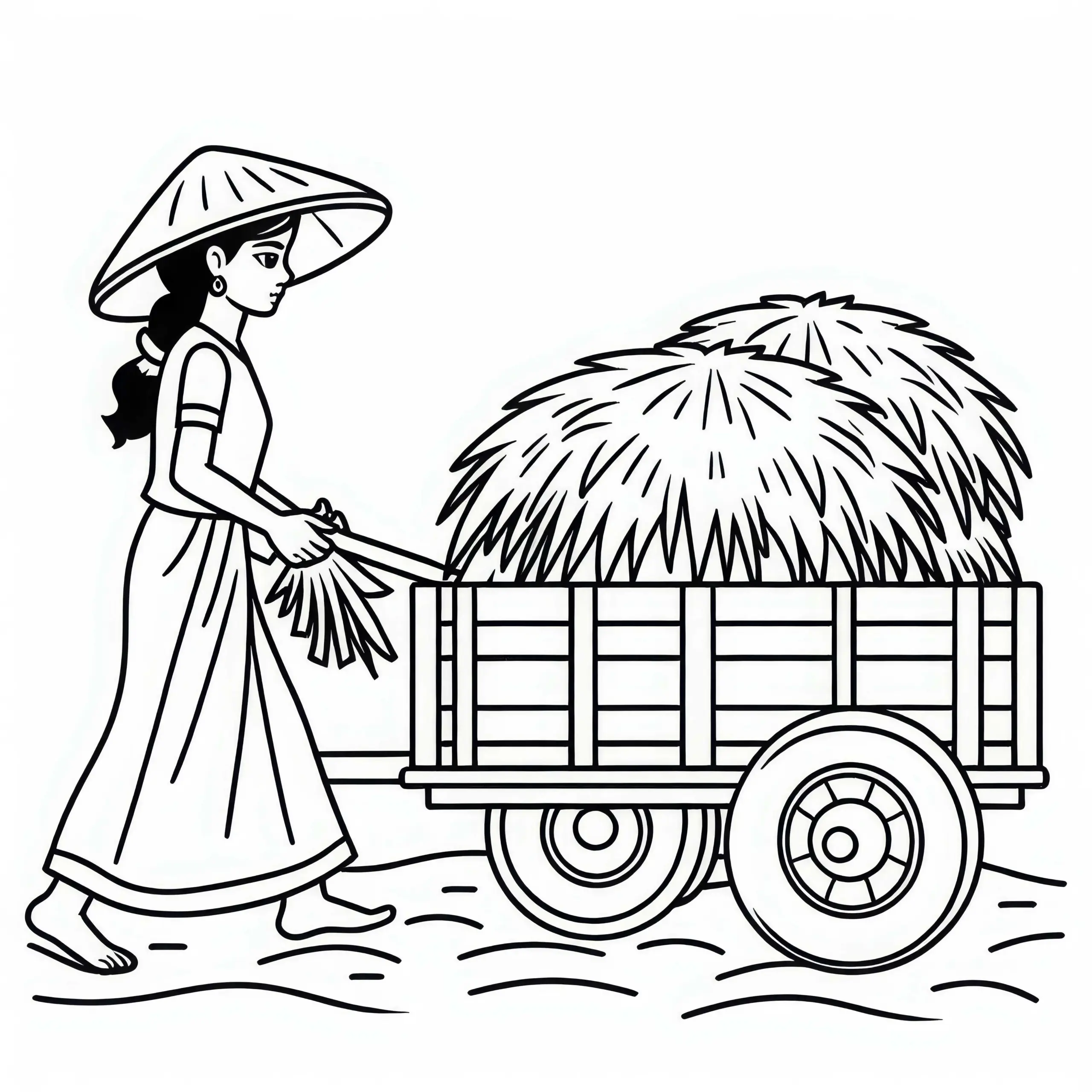 Landwirtin transportiert Heu mit Anhänger – Malvorlage gratis (Ausmalbild)