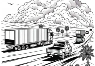 Laster auf Wüstenstraße mit Staubwolken – Ausmalbild kostenlos