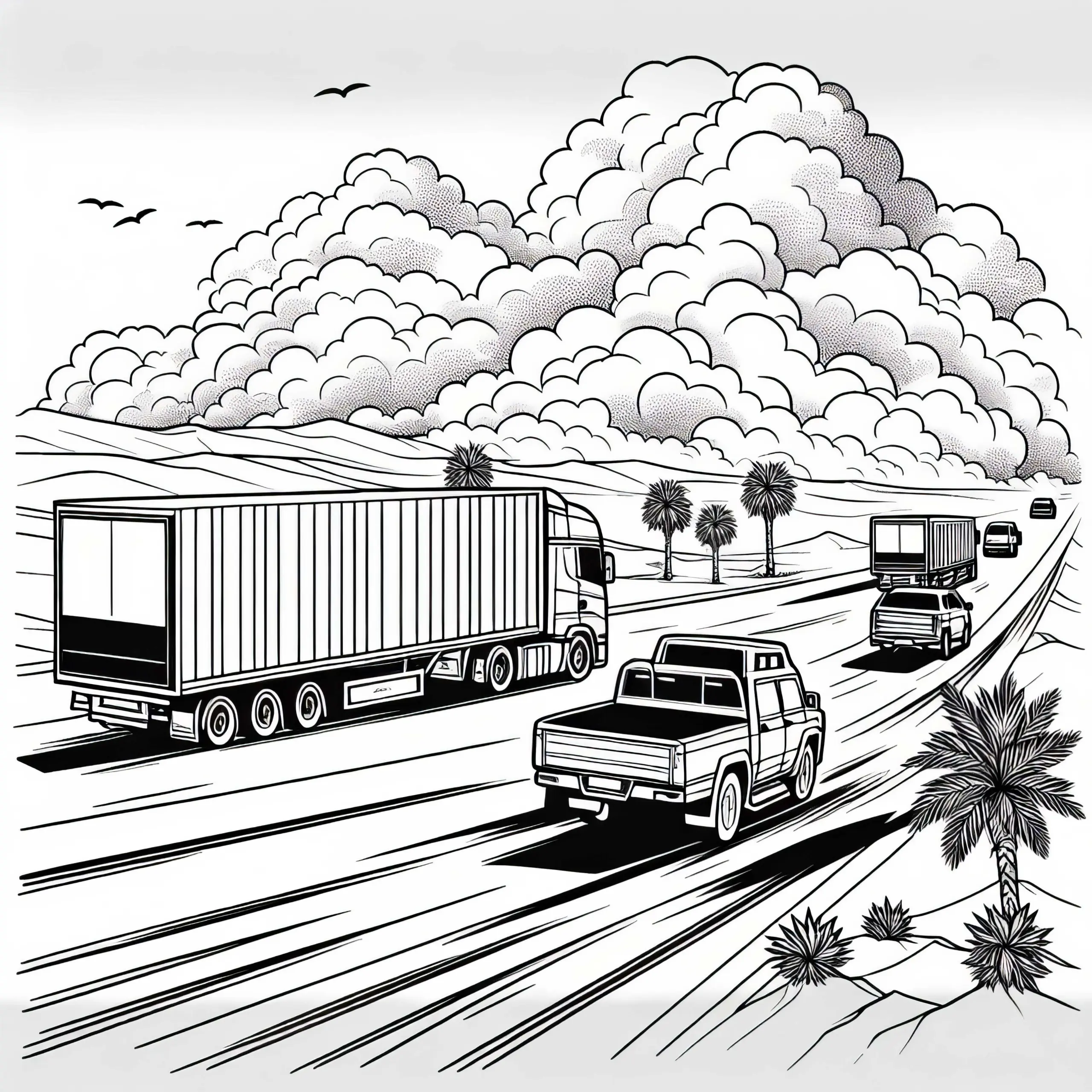 Laster auf Wüstenstraße mit Staubwolken – Ausmalbild kostenlos