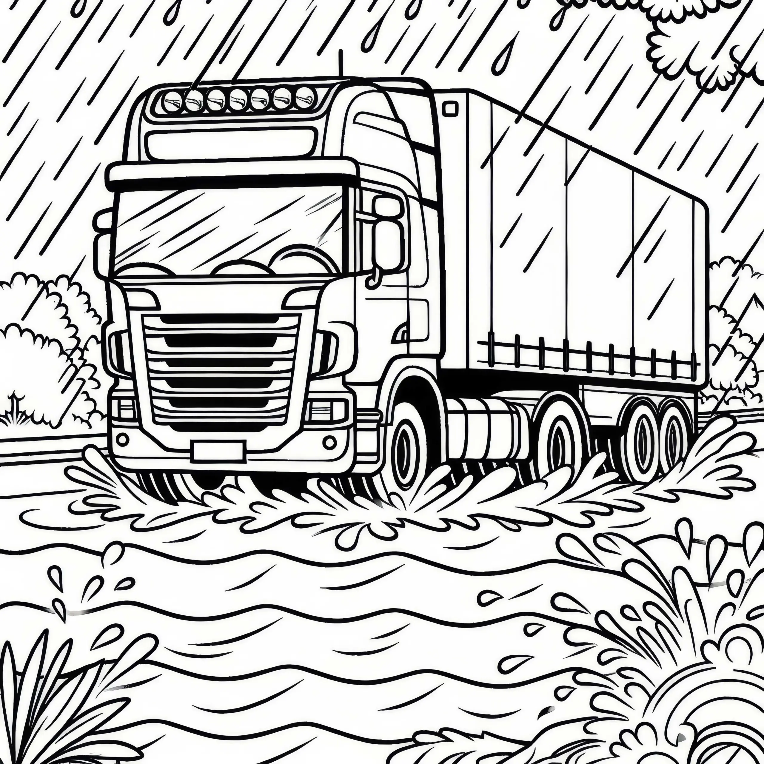 Laster fährt durch Regen – Malvorlage gratis (Ausmalbild)