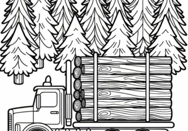 Laster mit Baumstämmen fährt durch den Wald – Ausmalbild kostenlos