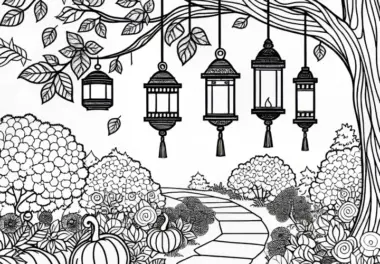 Laternen hängen in Bäumen über Gartenweg – Malvorlage Herbst gratis