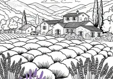 Lavendelfeld in der Provence mit kleinem Dorf – Ausmalbild Europa gratis