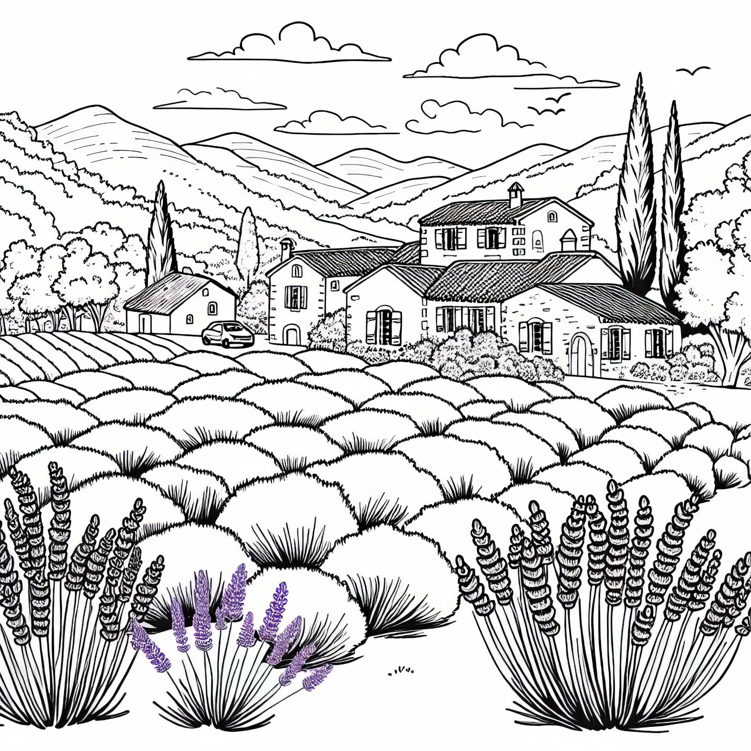 Lavendelfeld in der Provence mit kleinem Dorf – Ausmalbild Europa gratis