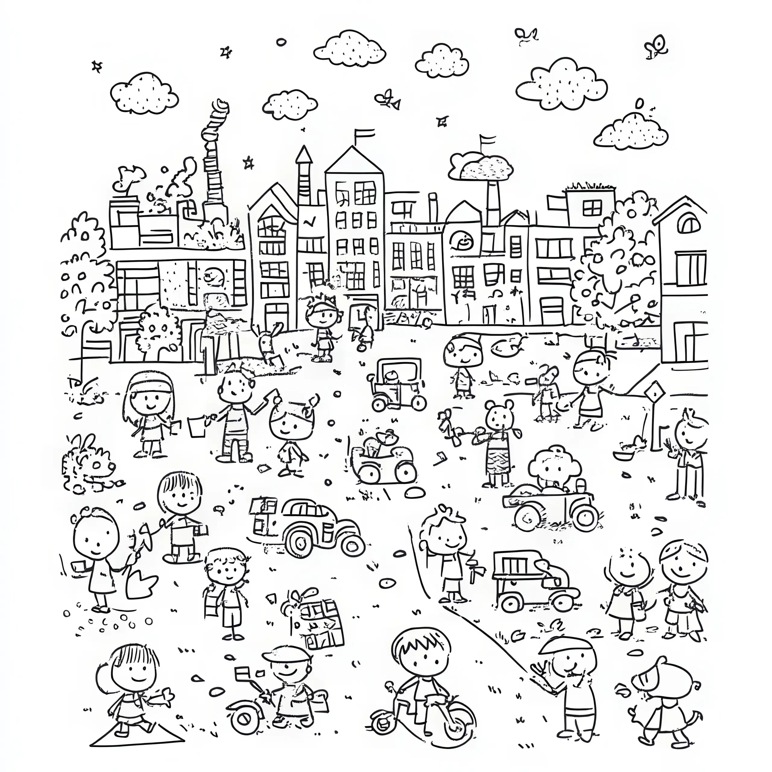 Lebendige Stadt mit vielen Kindern: Wimmelbild zum Ausmalen (Gratis) (Ausmalbild)
