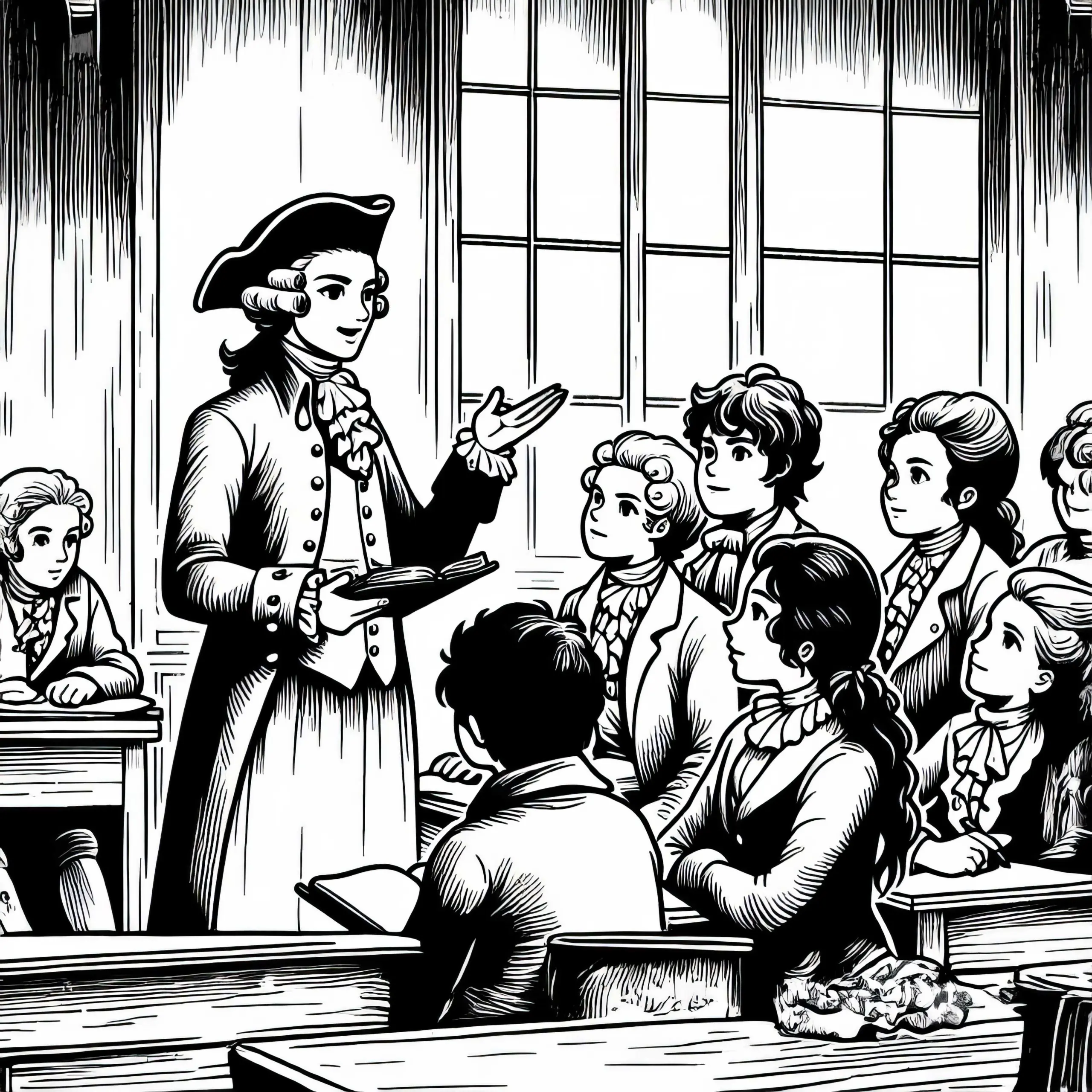 Lehrer erklärt in der Schule, warum Menschen gleiche Rechte fordern – Malvorlage Französische Revolution kostenlos (Ausmalbild)
