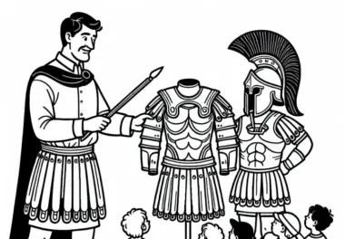 Lehrer erklärt Rüstung eines spartanischen Kriegers – Ausmalbild historische Schlachten gratis