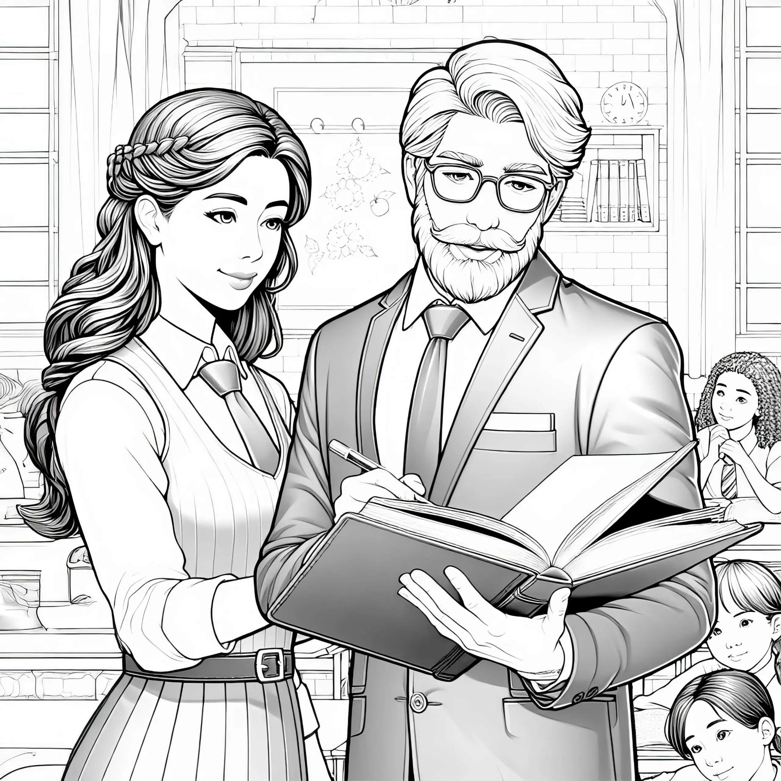Lehrer mit Buch vor Klasse – Ausmalbild detailreich kostenlos
