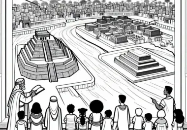 Lehrer zeigt Kindern Modell einer alten Stadt – Ausmalbild älteste Zivilisationen gratis
