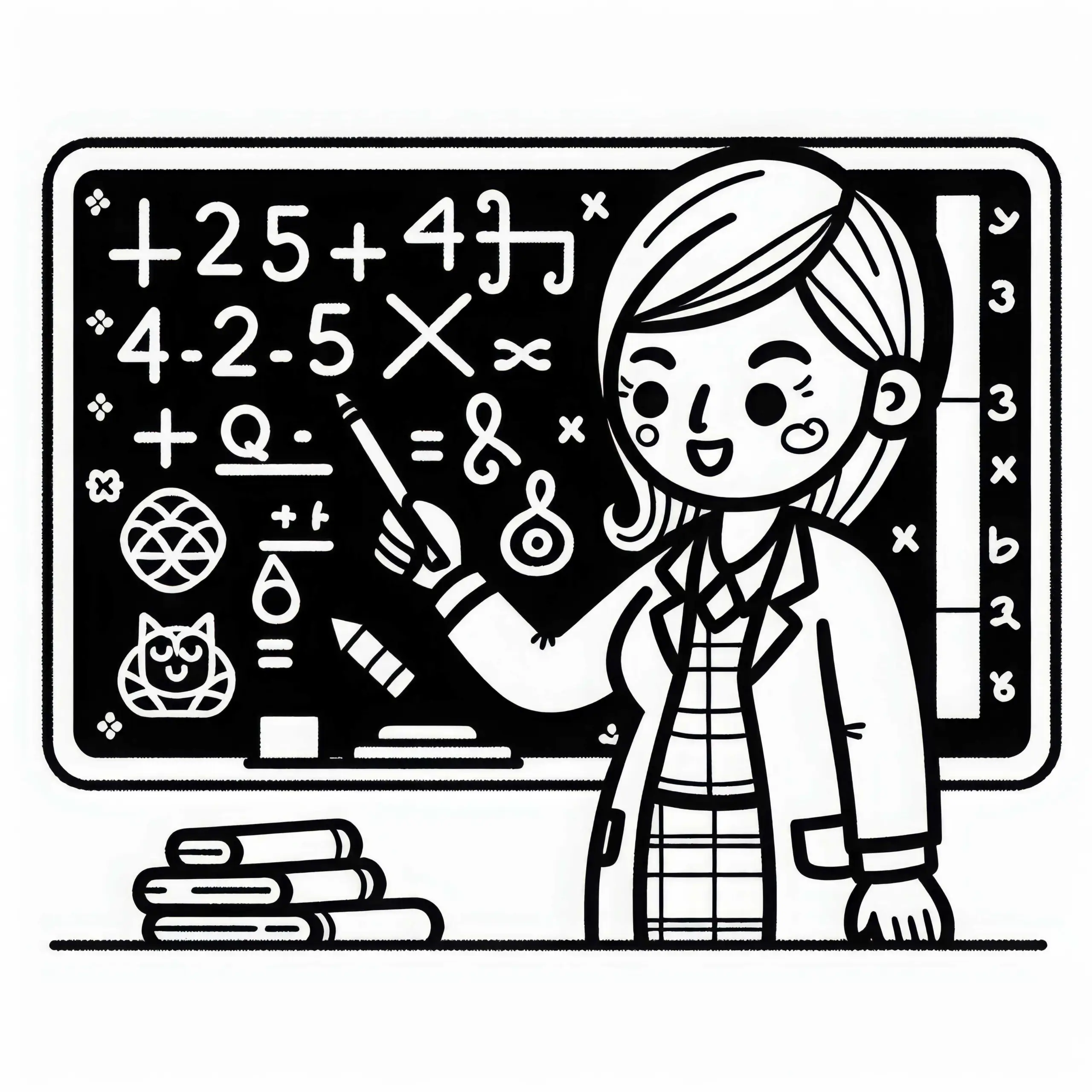 Lehrerin an Tafel – Malvorlage einfach kostenlos (Ausmalbild)