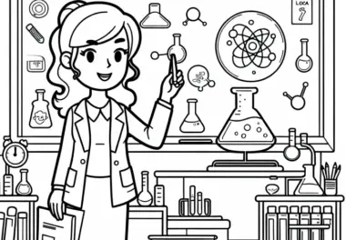 Lehrerin bei Experiment im Chemieunterricht – Malvorlage Kostenlos