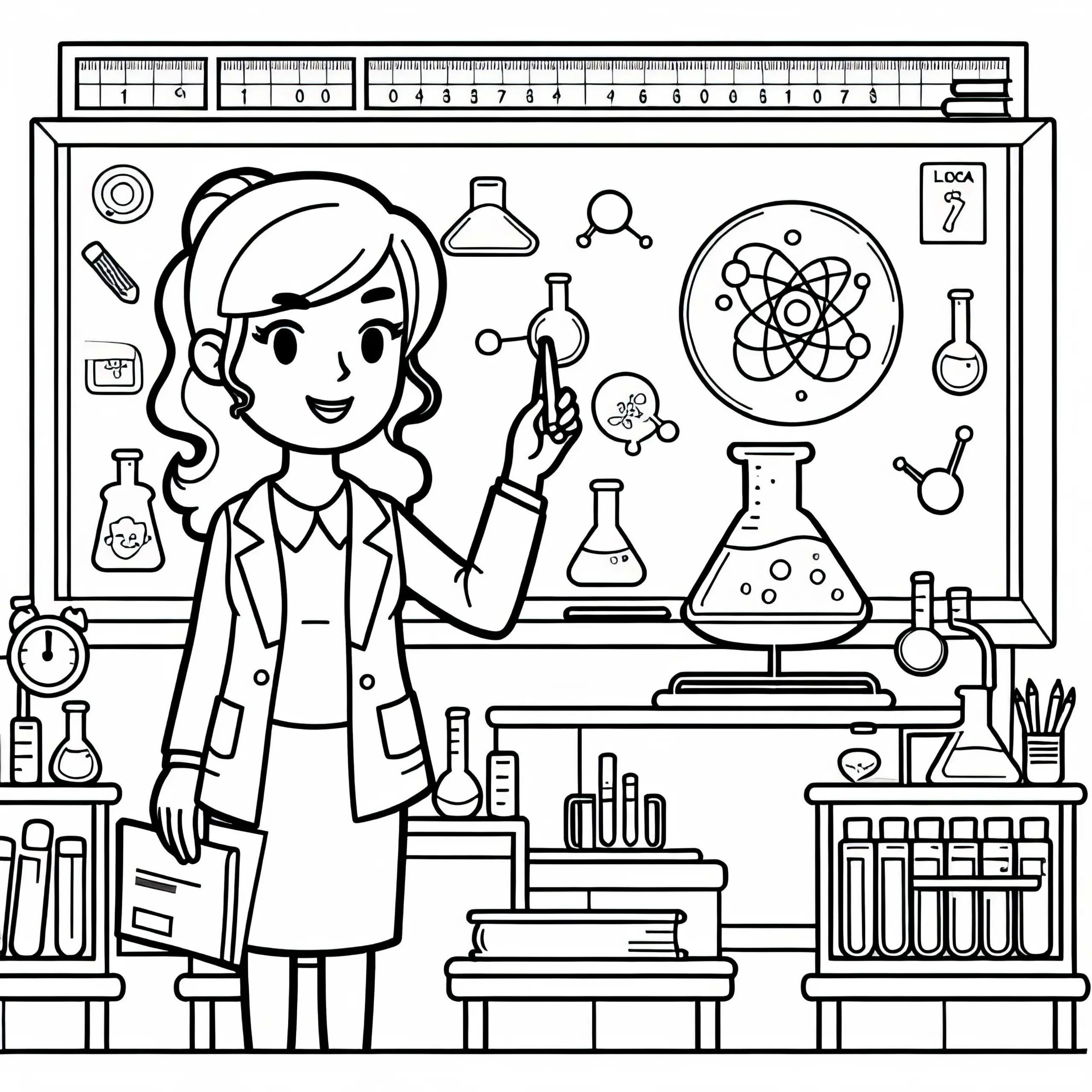 Lehrerin bei Experiment im Chemieunterricht – Malvorlage Kostenlos (Ausmalbild)