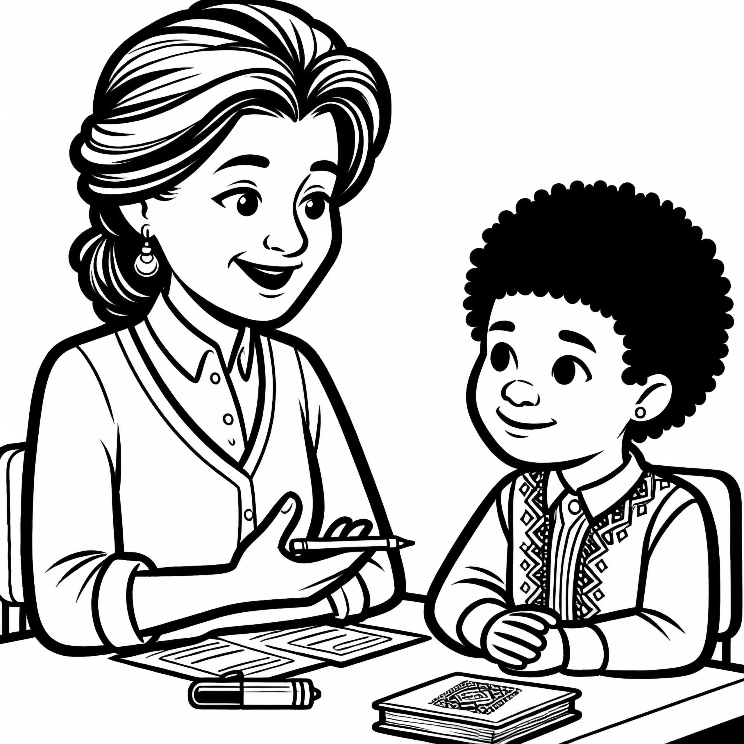 Lehrerin im Gespräch mit Schüler – Ausmalbild einfach kostenlos