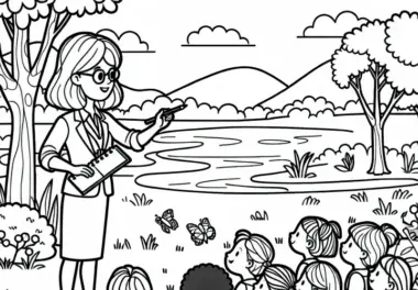 Lehrerin in der Naturstunde mit Schülern im Freien – Malvorlage einfach gratis