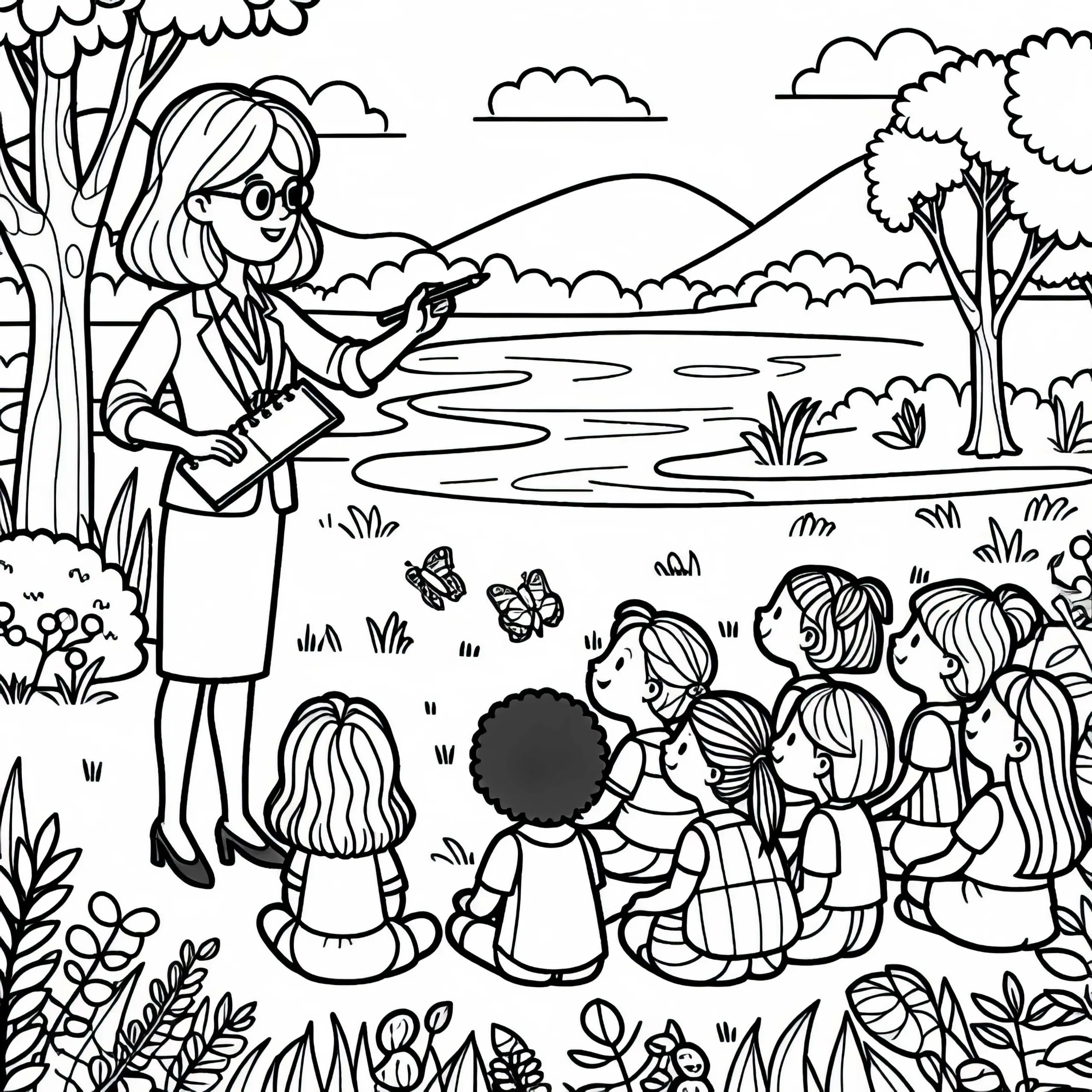 Lehrerin in der Naturstunde mit Schülern im Freien – Malvorlage einfach gratis (Ausmalbild)