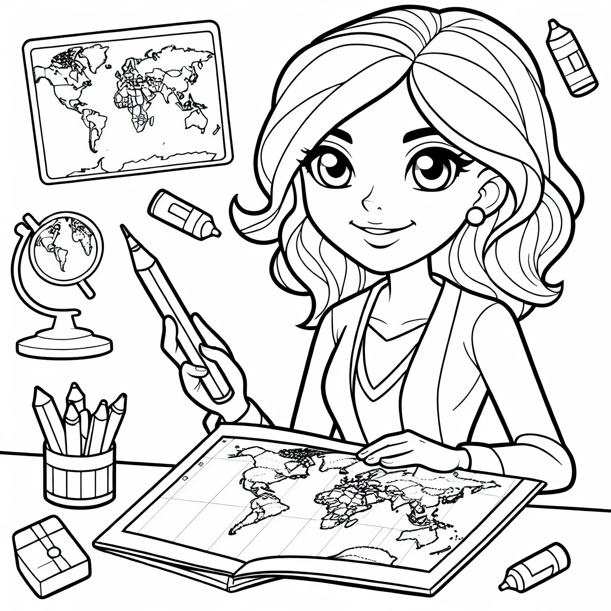 Lehrerin mit Karte im Geografieunterricht – Ausmalbild Einfach Kostenlos