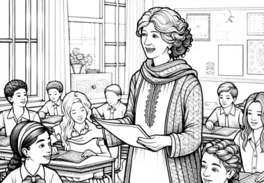 Lehrerin verteilt Arbeitsblätter in der Klasse – Malvorlage detailreich gratis