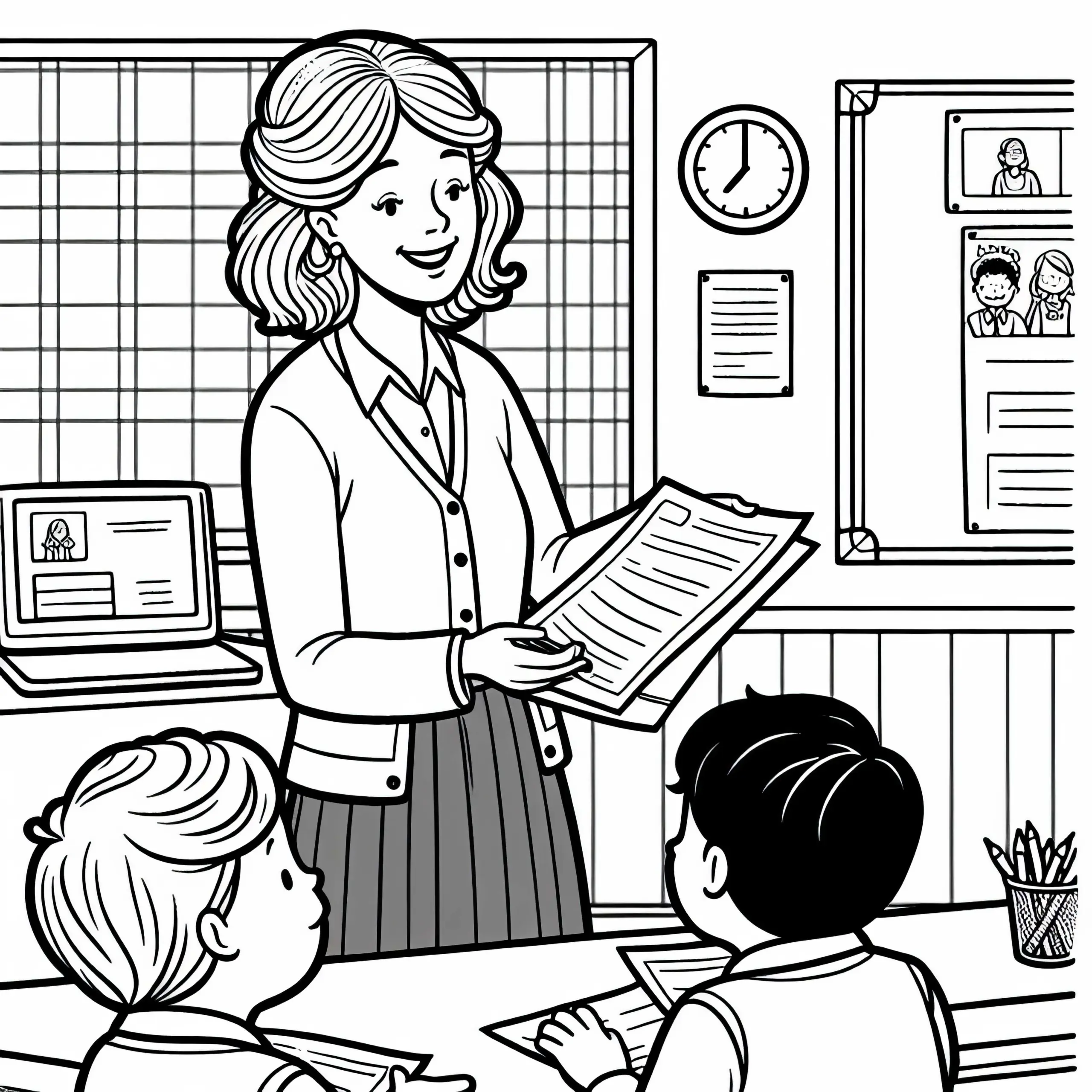 Lehrerin verteilt Arbeitsblätter in der Klasse – Malvorlage einfach gratis (Ausmalbild)