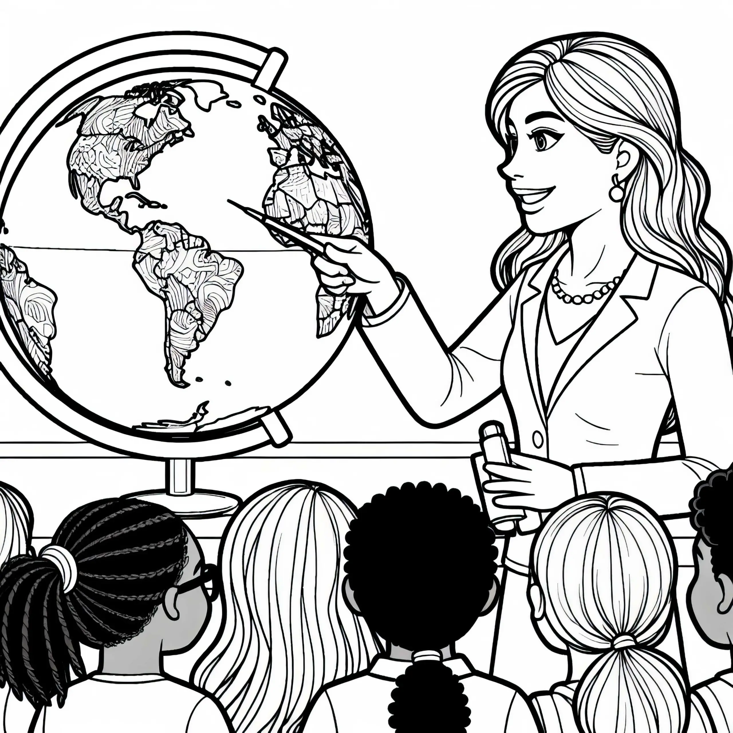 Eine Lehrerin zeigt etwas auf einem Globus – Malvorlage zum Ausmalen (Ausmalbild)