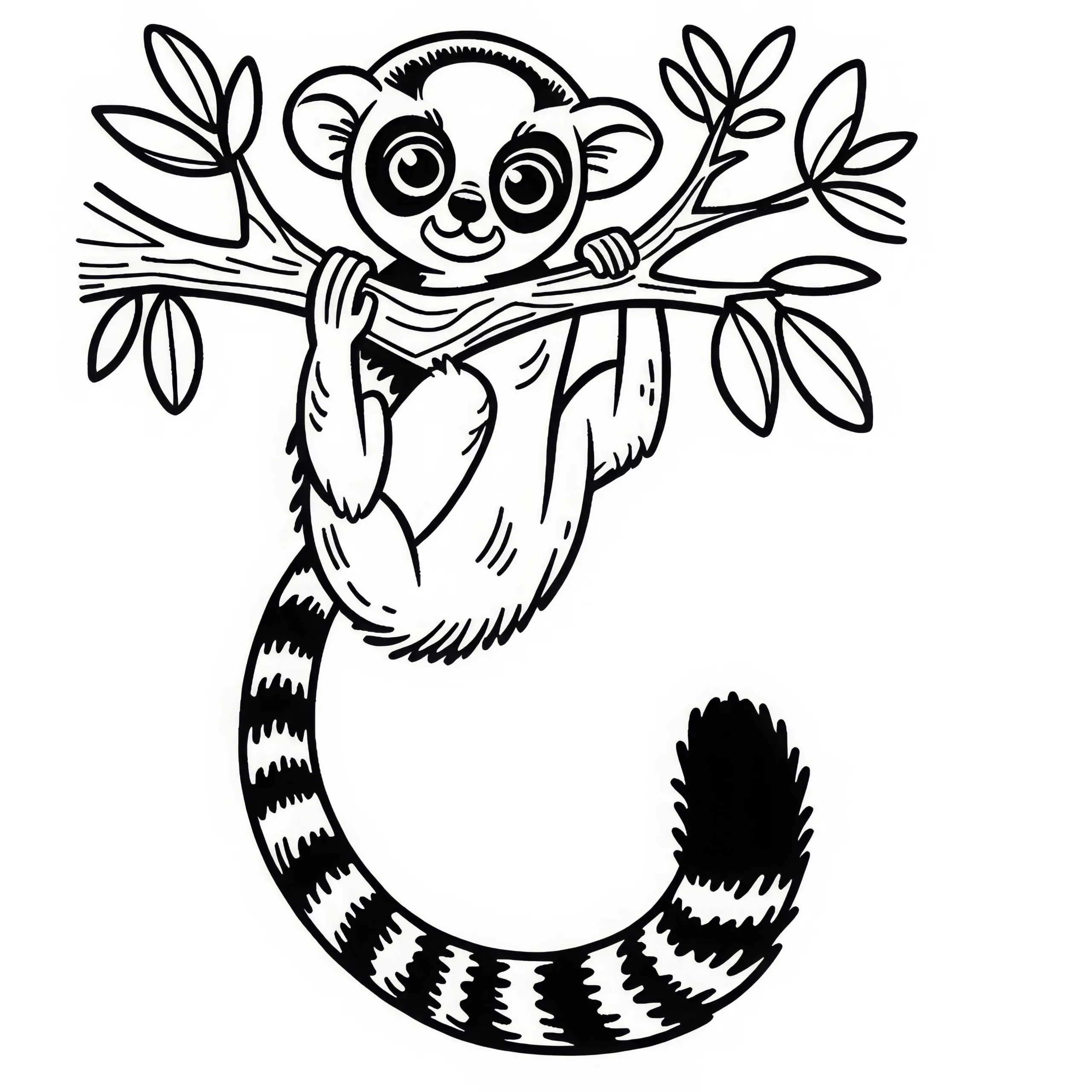 Lemur hängt an Ast – Malvorlage gratis (Ausmalbild)