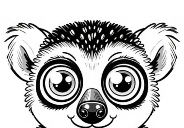 Lemur schaut mit riesigen Augen direkt in die Kamera – Malvorlage kostenlos