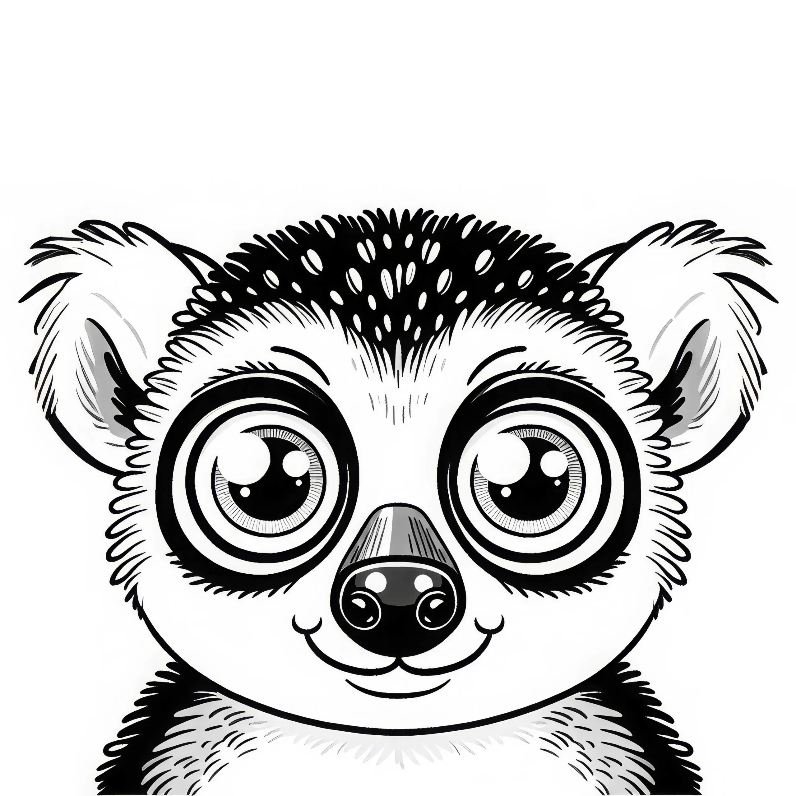 Lemur schaut mit riesigen Augen direkt in die Kamera – Malvorlage kostenlos (Ausmalbild)