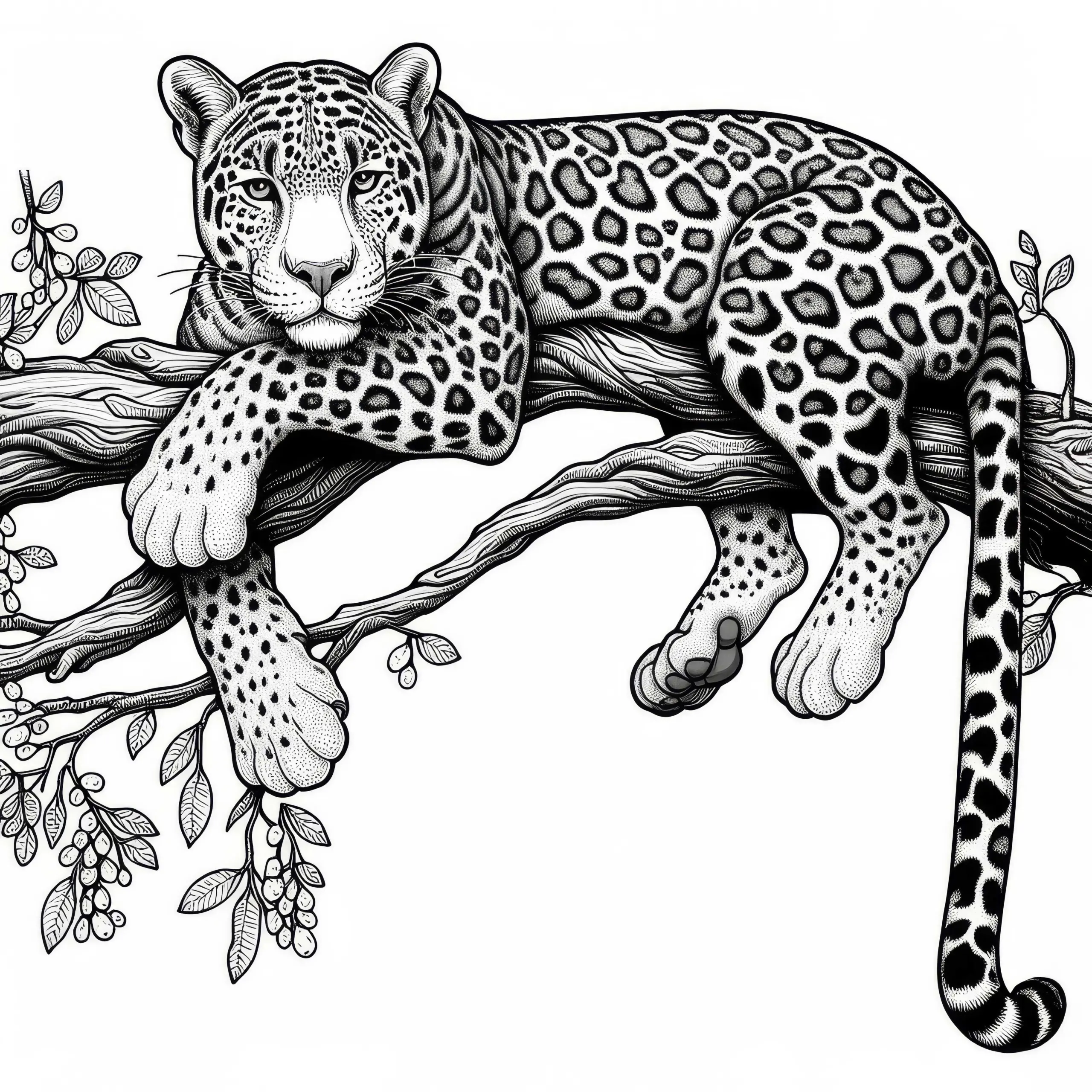 Leopard auf einem Ast: Detailreiche Malvorlage (Gratis) (Ausmalbild)