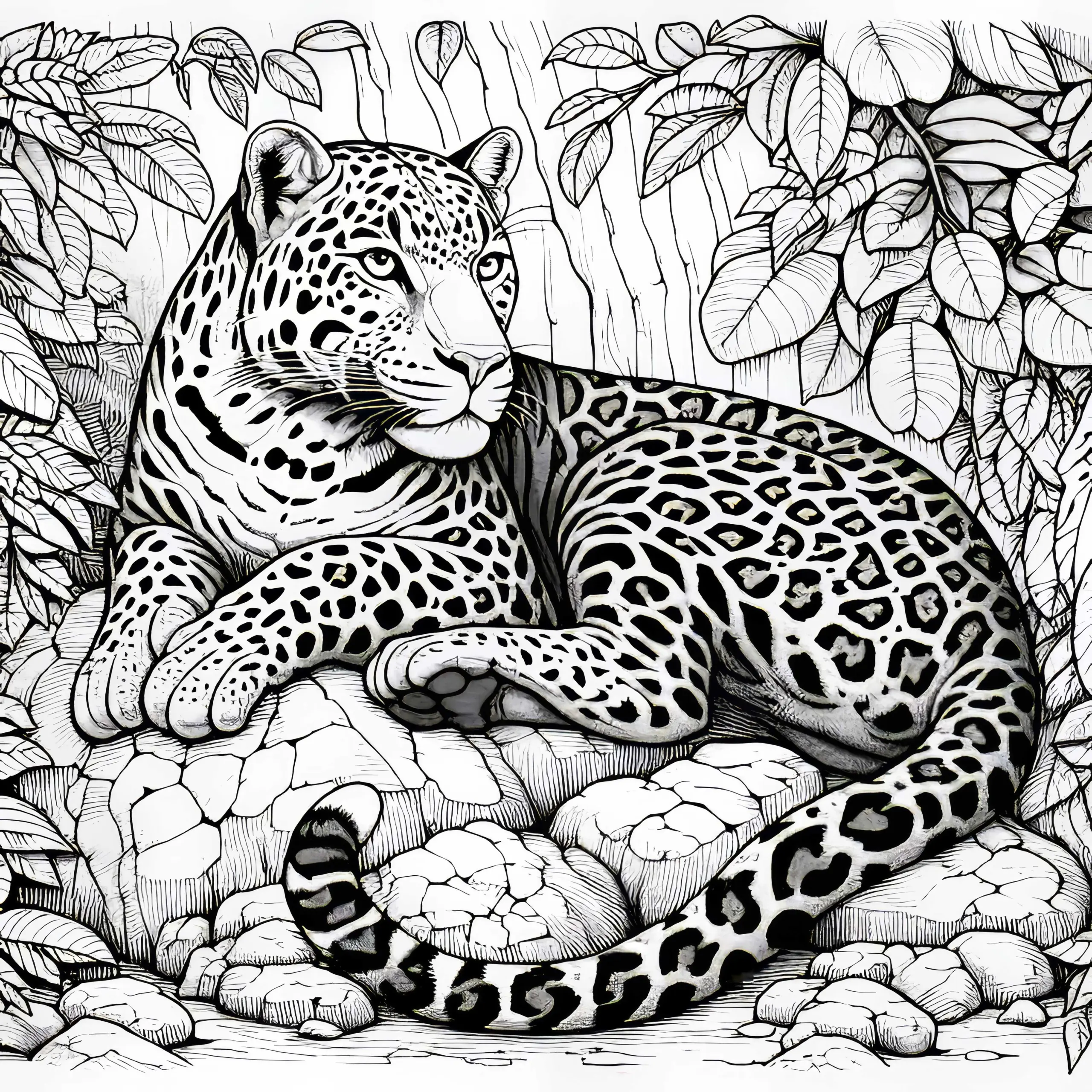 Leopard auf Felsen vor Steinwand: Malvorlage zum Download (Gratis) (Ausmalbild)