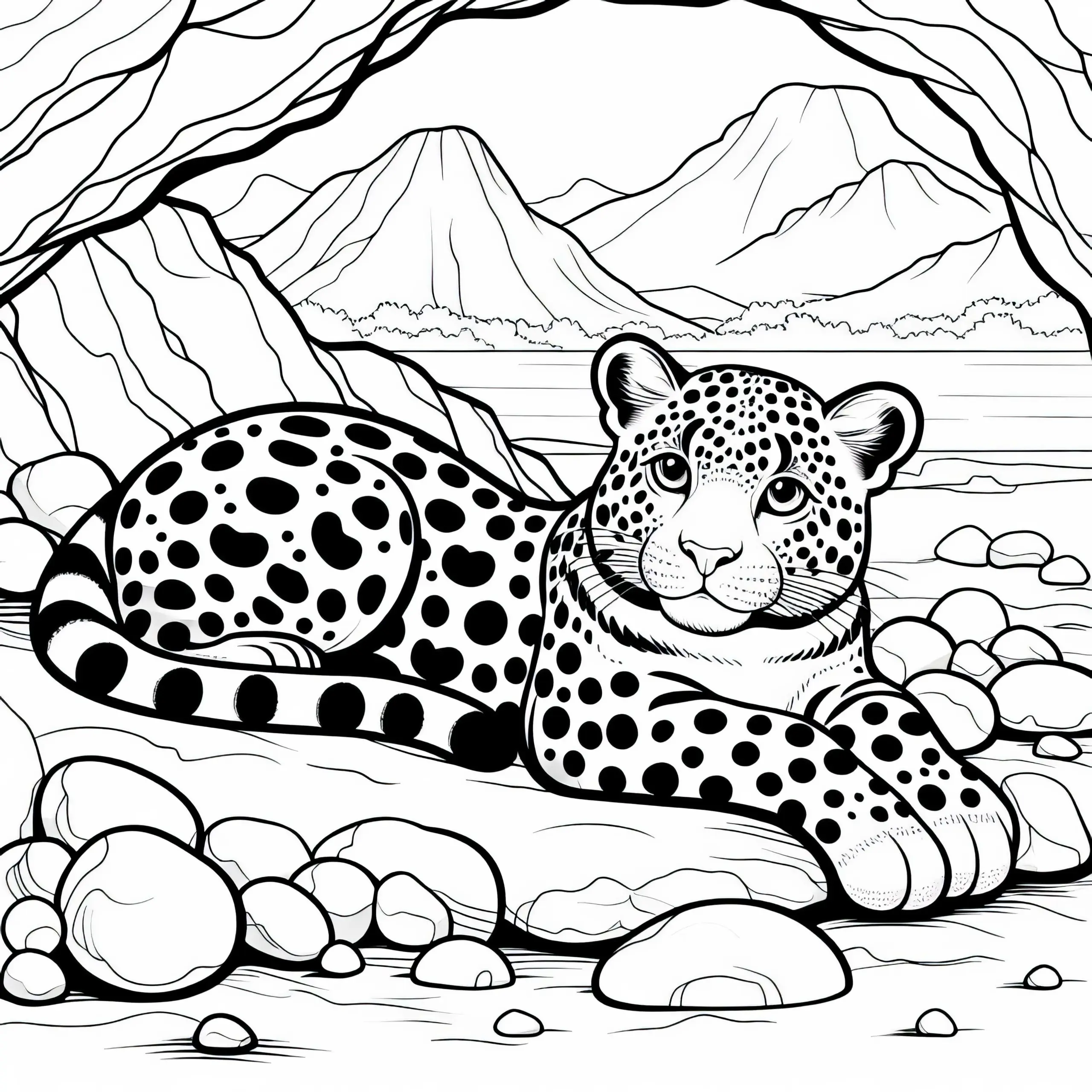 Leo­pard in einer Berglandschaft: Mal­vor­lage zum Herunterladen (Gratis) (Ausmalbild)